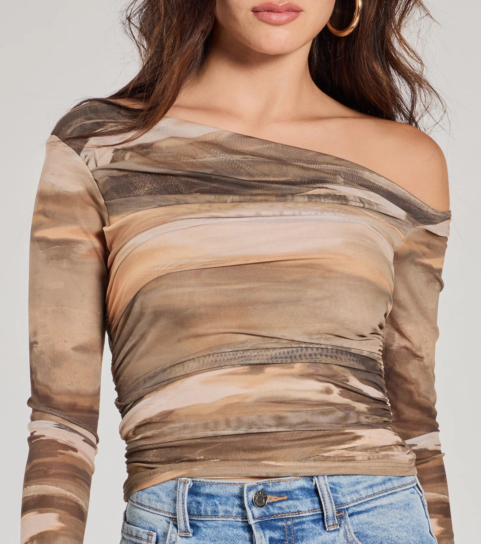 Trendy Abstract Mesh Off-Shoulder Top