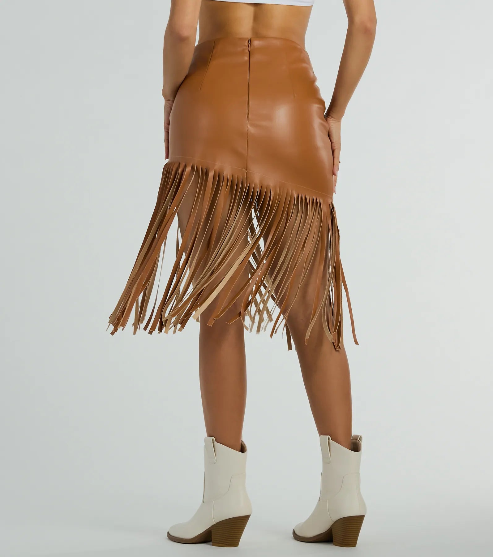 Country Songs Fringe Faux Leather Midi Skirt