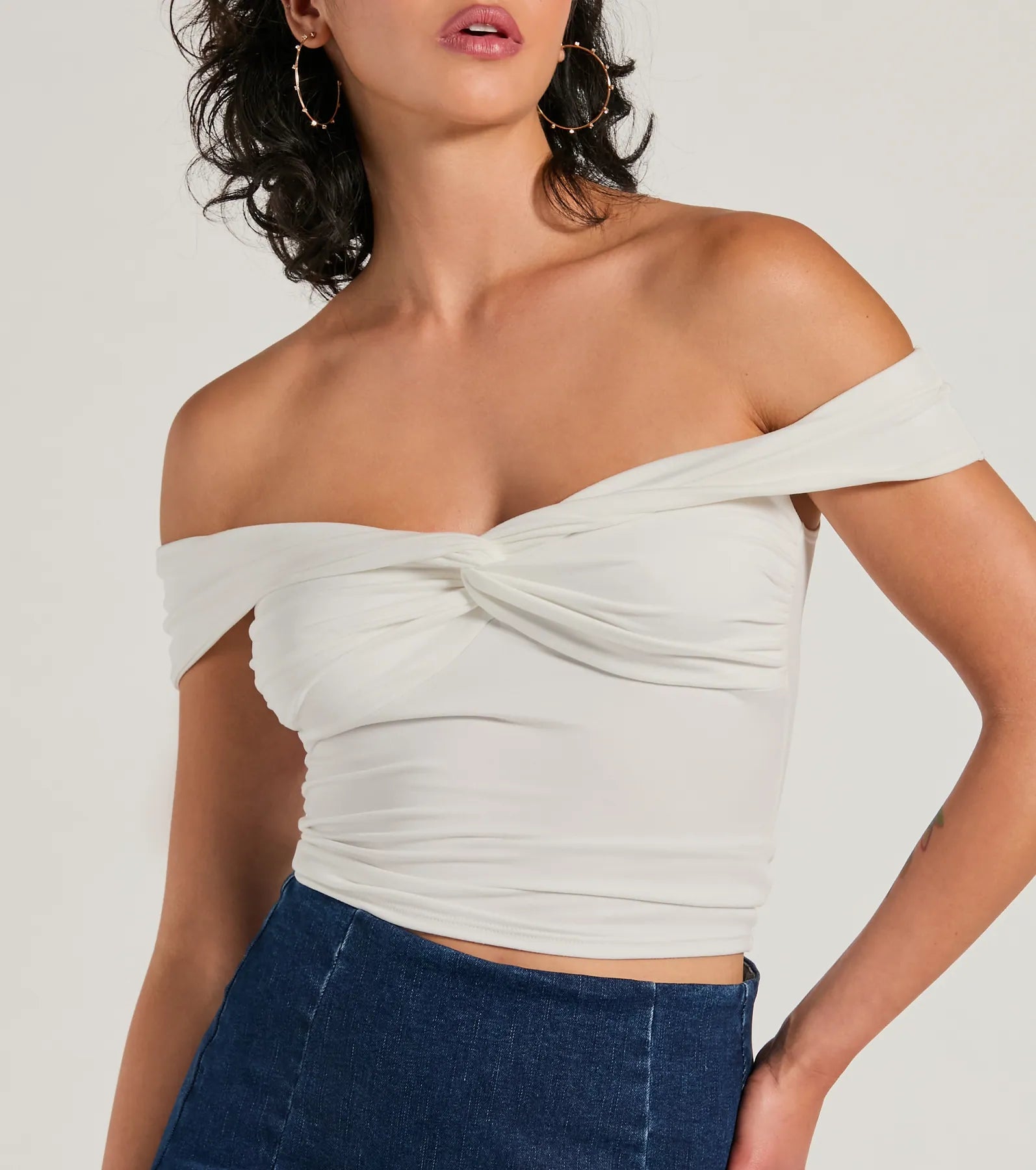 Trendy Twist-Front Off-The-Shoulder Crop Top