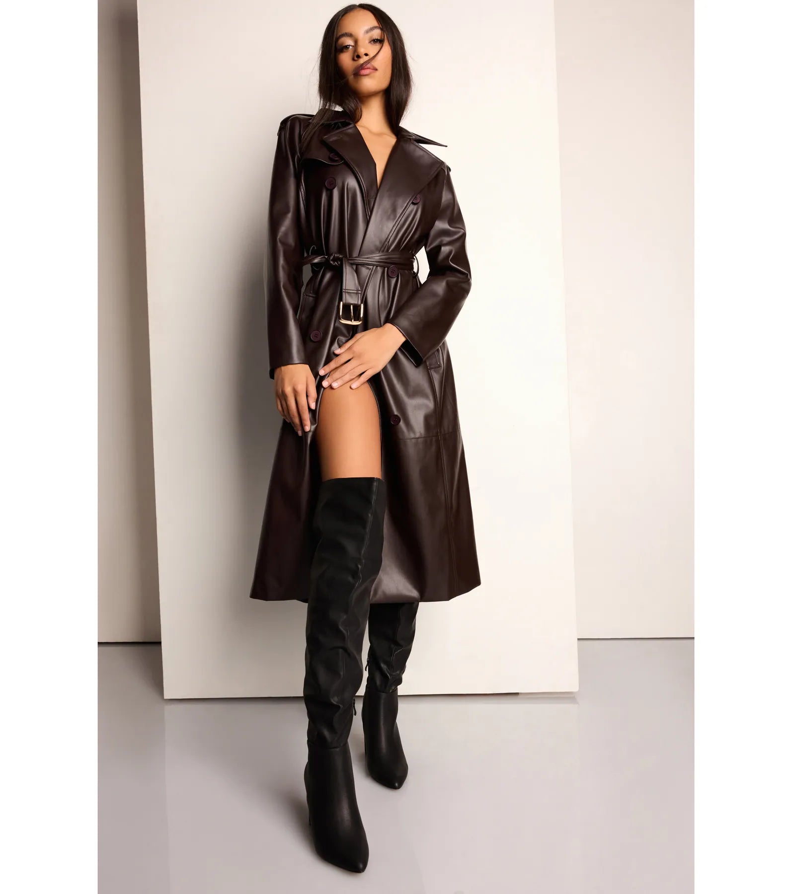 Iconic Muse Faux Leather Belted Trench Coat