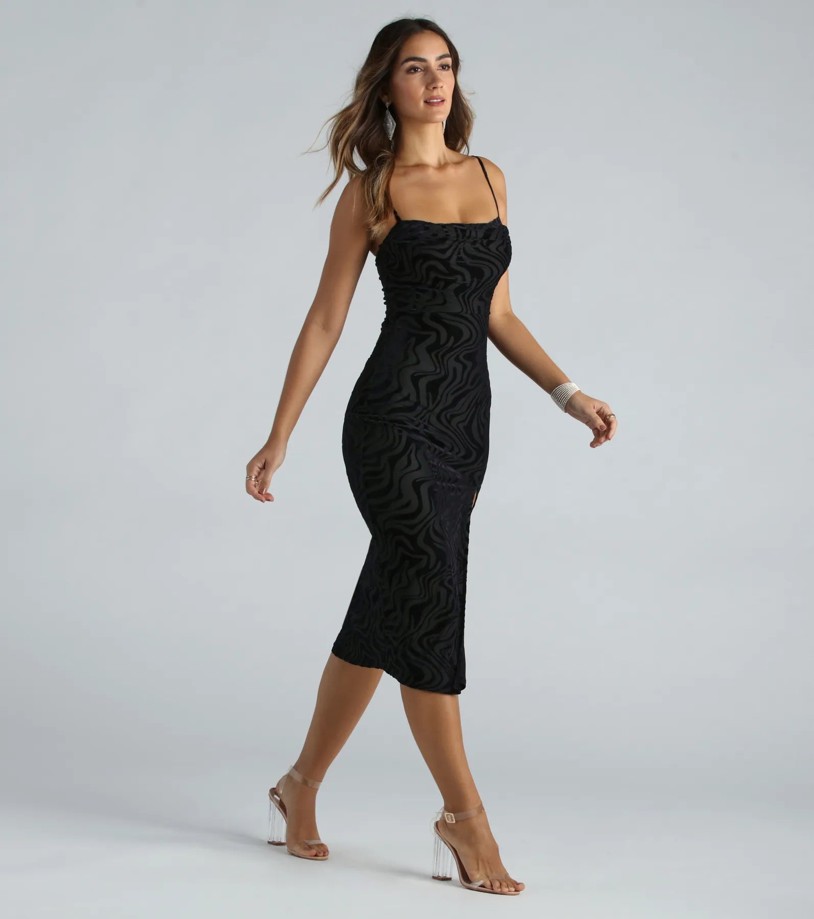 What A Look Velvet Marble Pattern Midi Dress