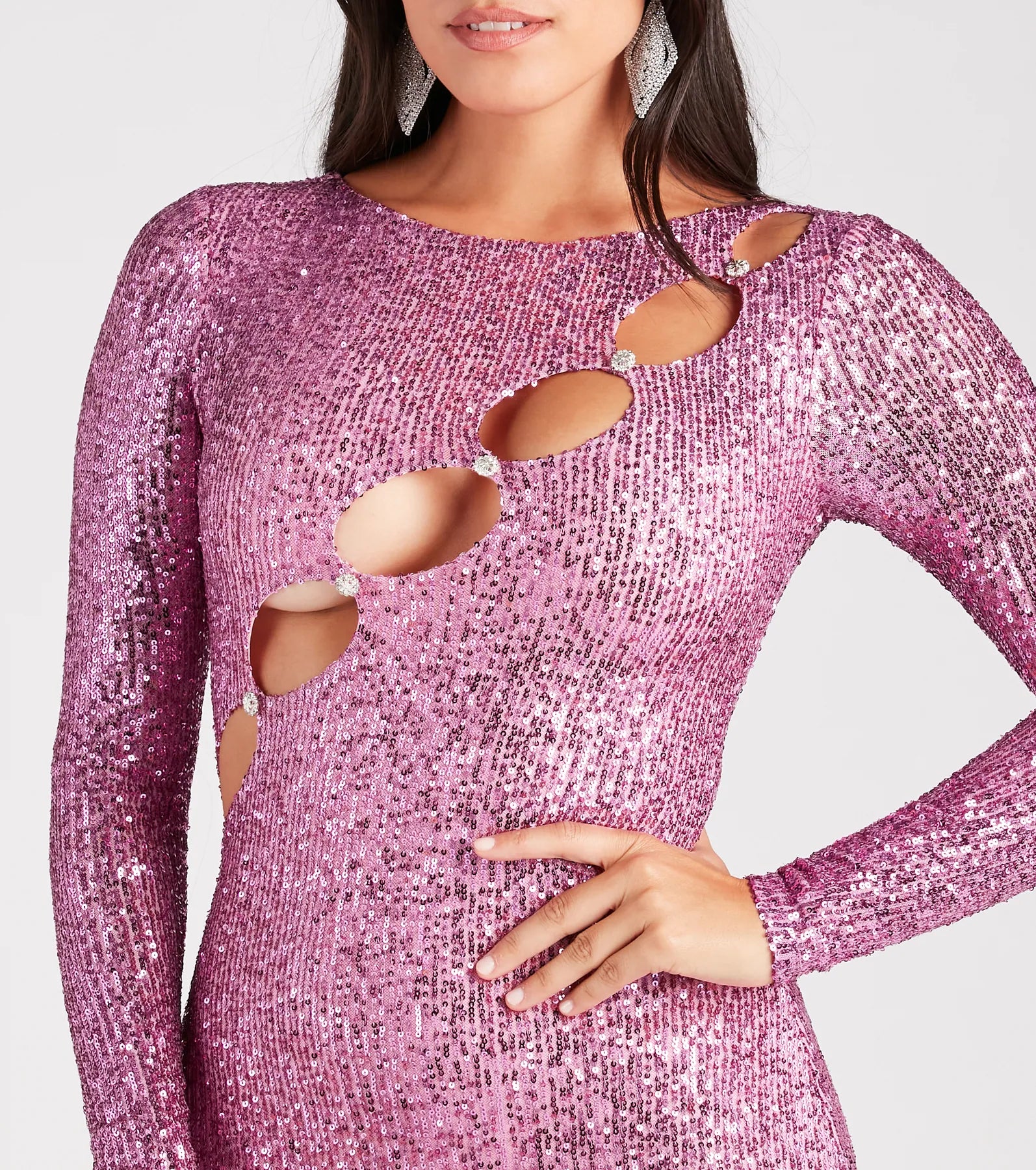 Cut To Perfection Sequin Rhinestone Button Dress