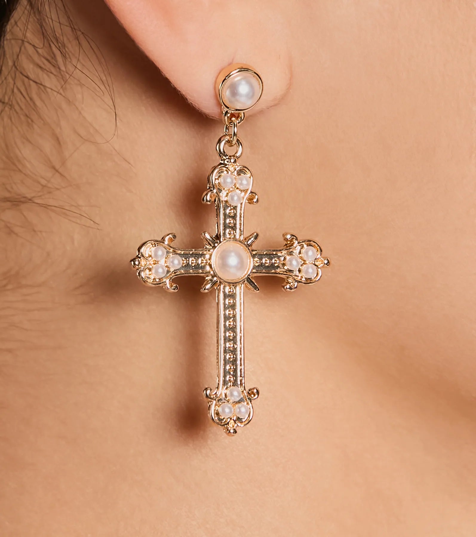 Blessed All Day Faux Pearl Cross Earrings