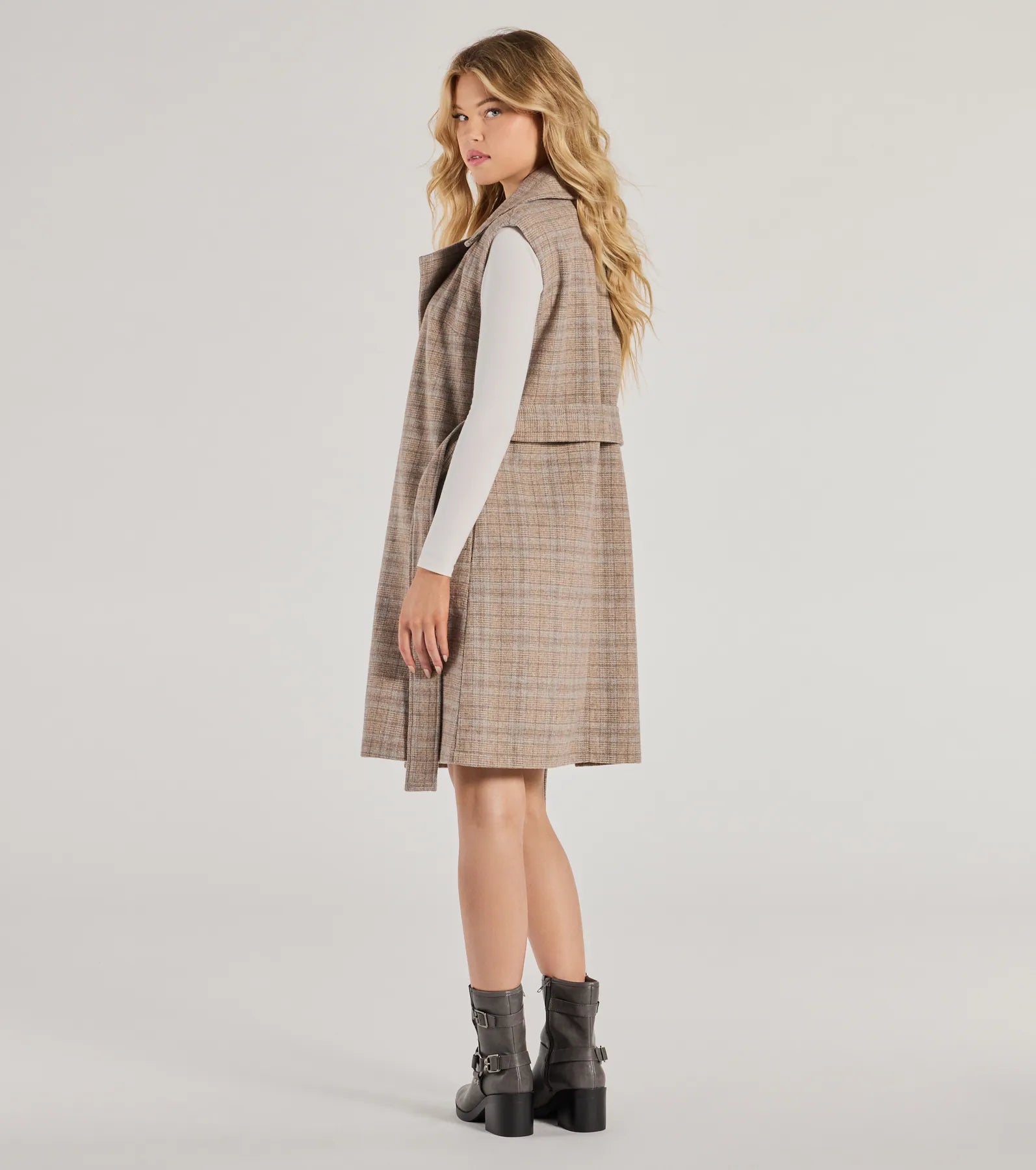 Plaid Pursuit Faux Wool Long Belted Vest