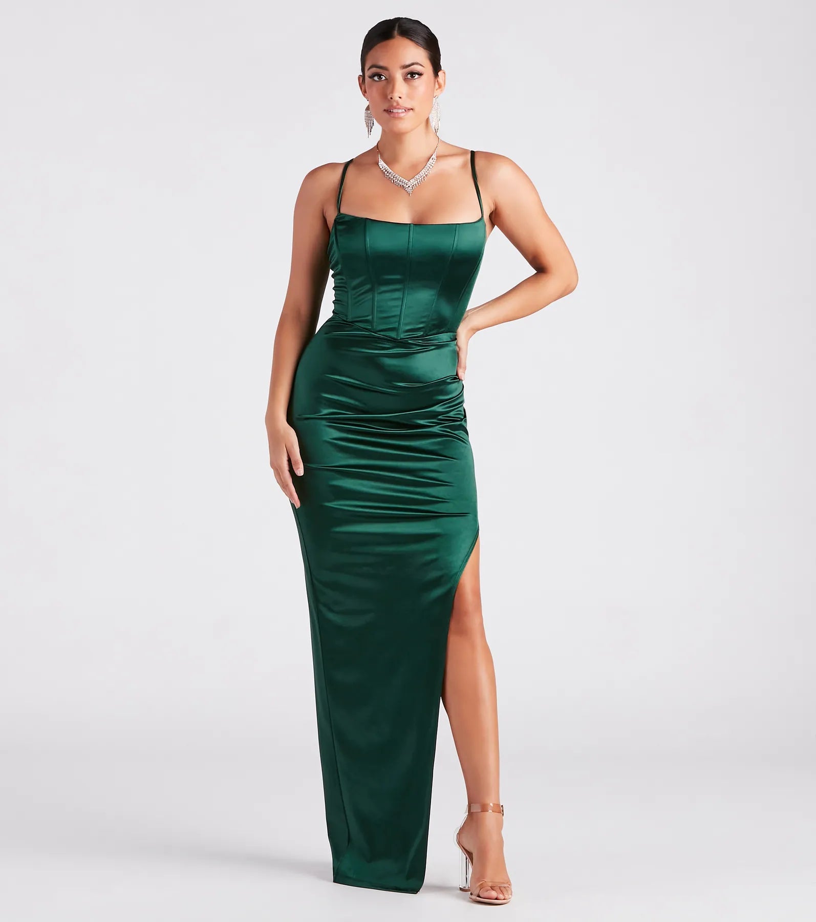 Helena Formal Satin Corset Slit Dress