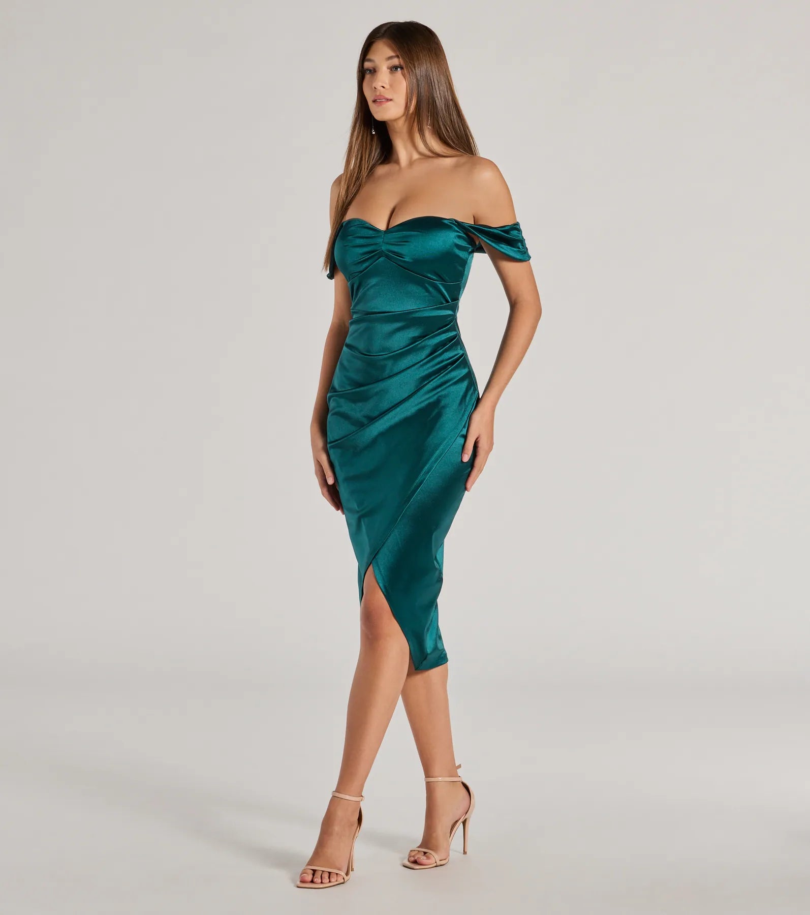 Gaia Satin Off-The-Shoulder Wrap Midi Dress