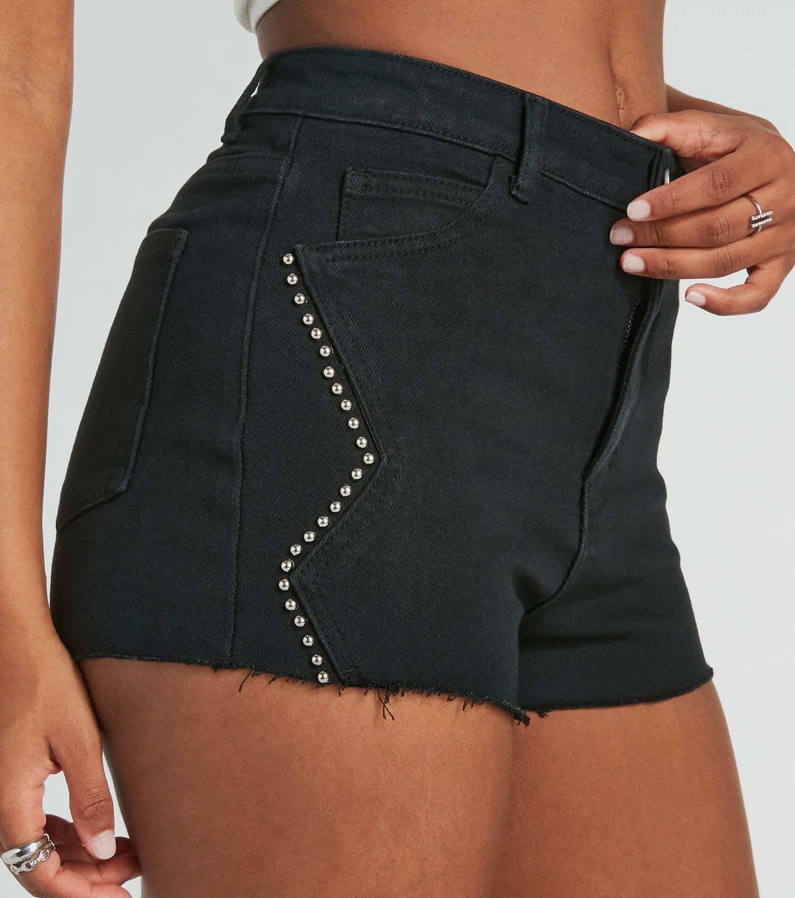 Chic Edginess High Rise Studded Denim Shorts