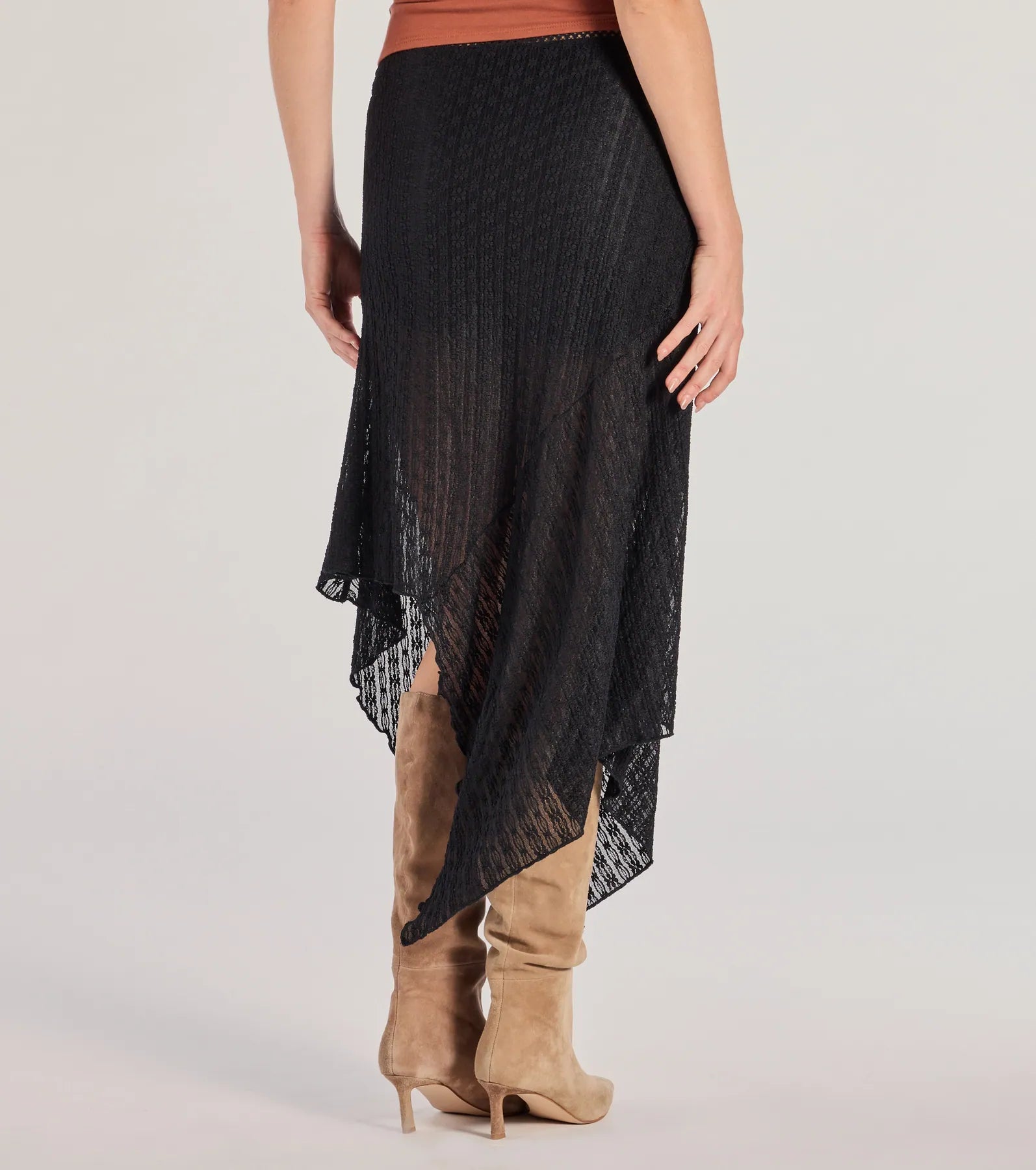 Boho Style Sheer Lace Asymmetric Midi Skirt