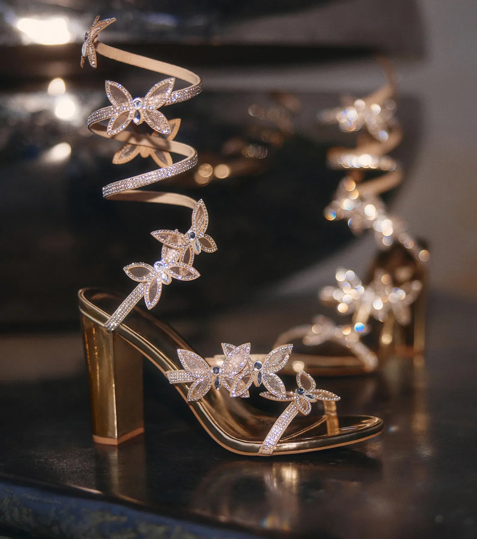 Dreamy Rhinestone Butterfly Spiral Metallic Heels