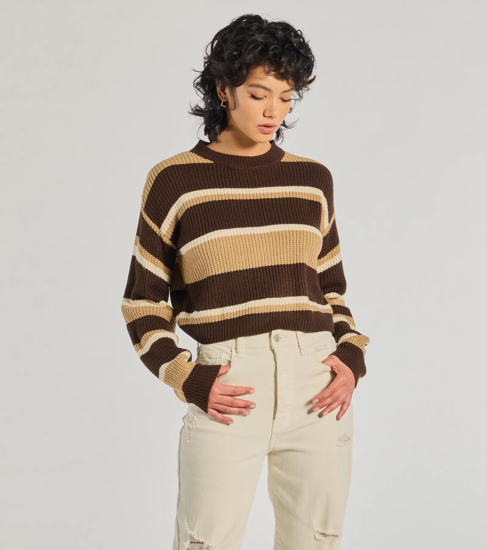 Preppy Style Striped Knit Crew Neck Sweater