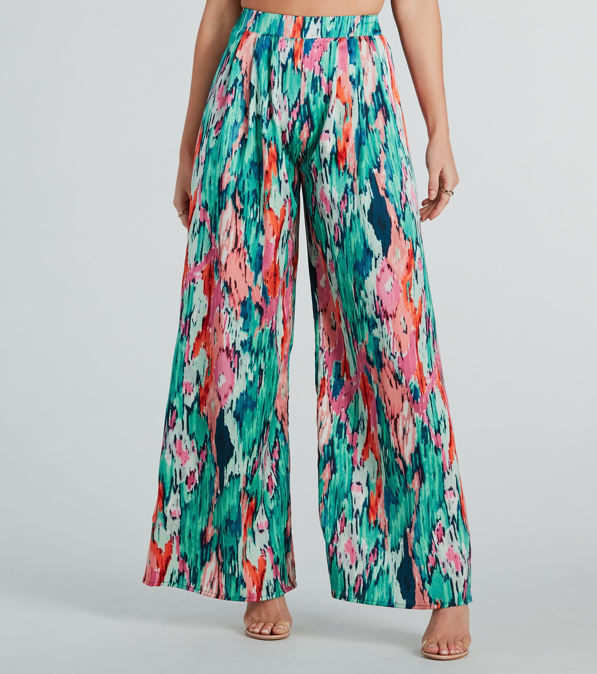 Color Me Pretty Satin Abstract Wide-Leg Pants