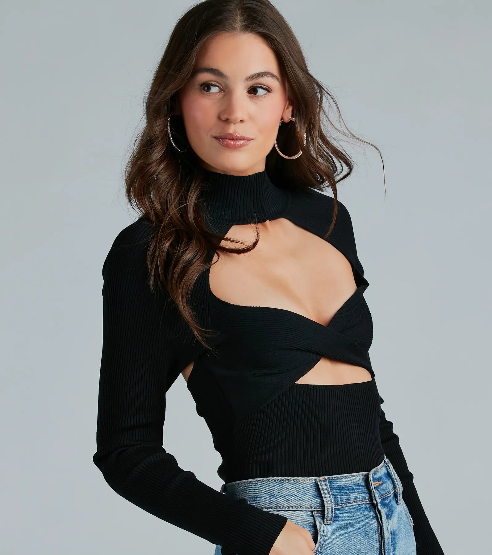 Take A Peak Mock Neck Cutout Sweater Bodysuit