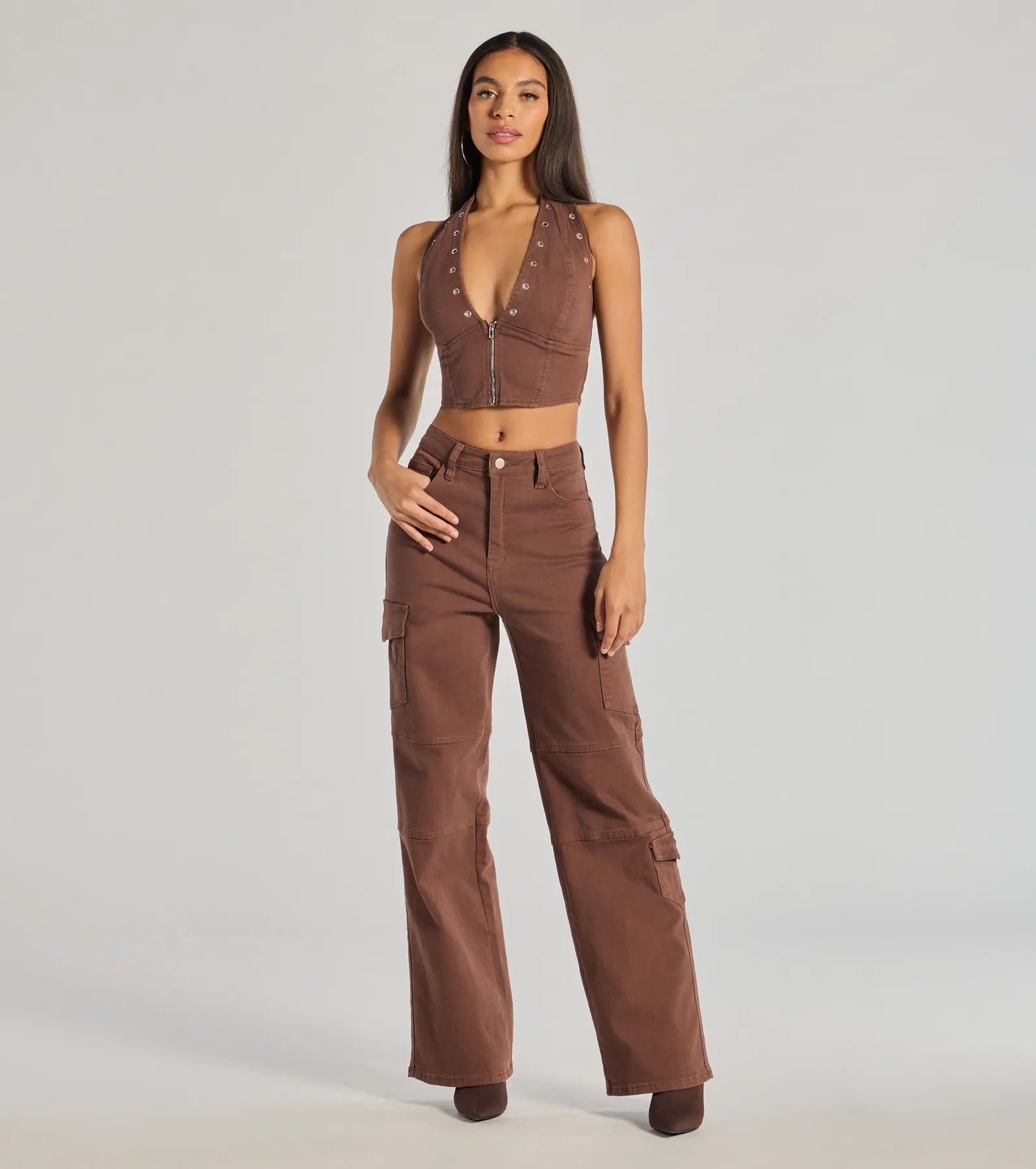 Absolute Edge Halter Grommet Zip-Up Crop Top