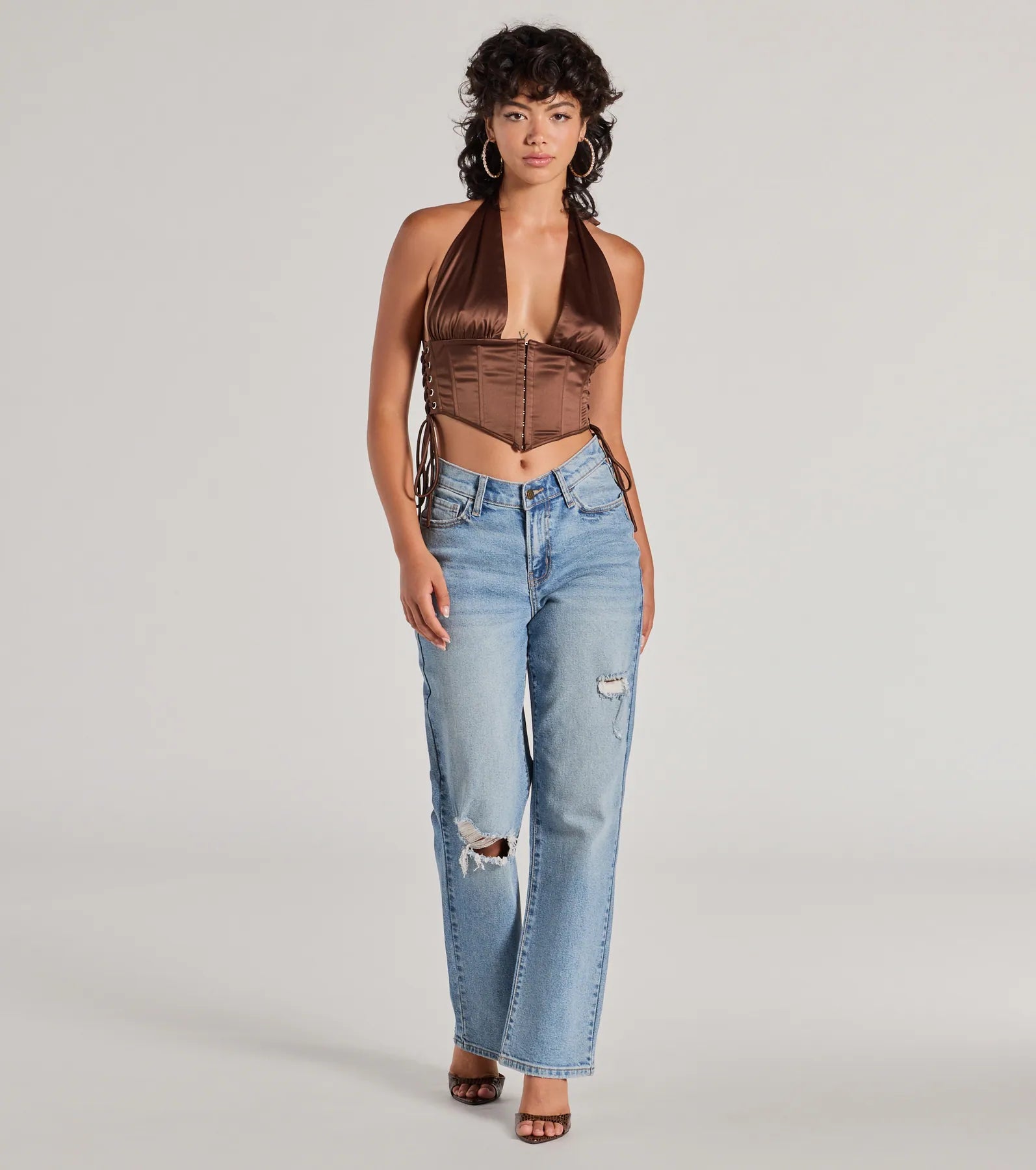 Edgy Luxe Satin Halter Cropped Corset Top