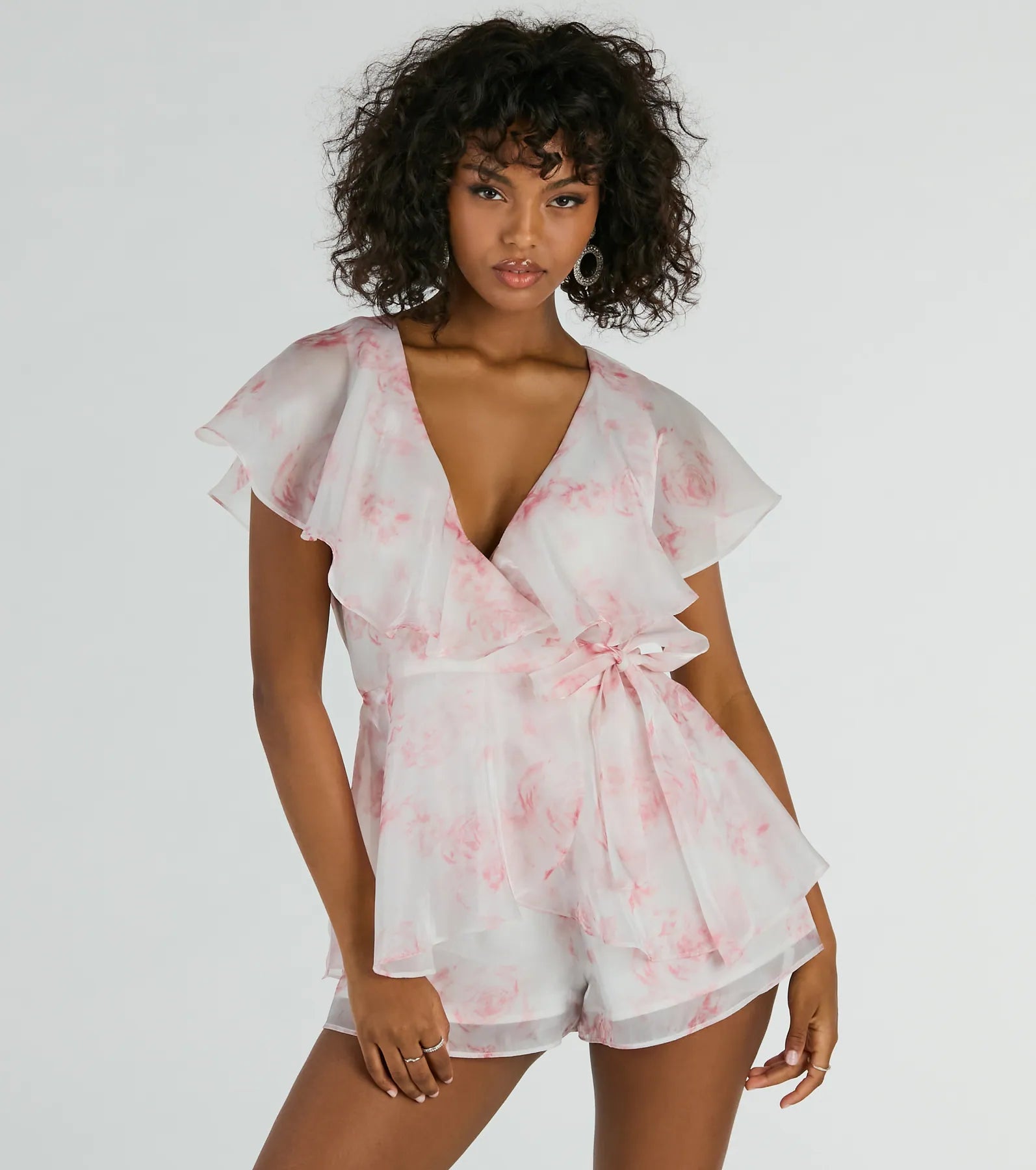 Dreamy Escape Ruffled Rose Floral Organza Romper