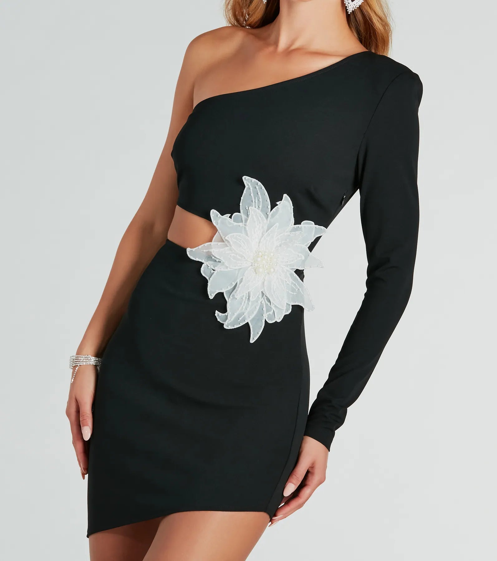 Naya One Shoulder Flower Applique Mini Dress