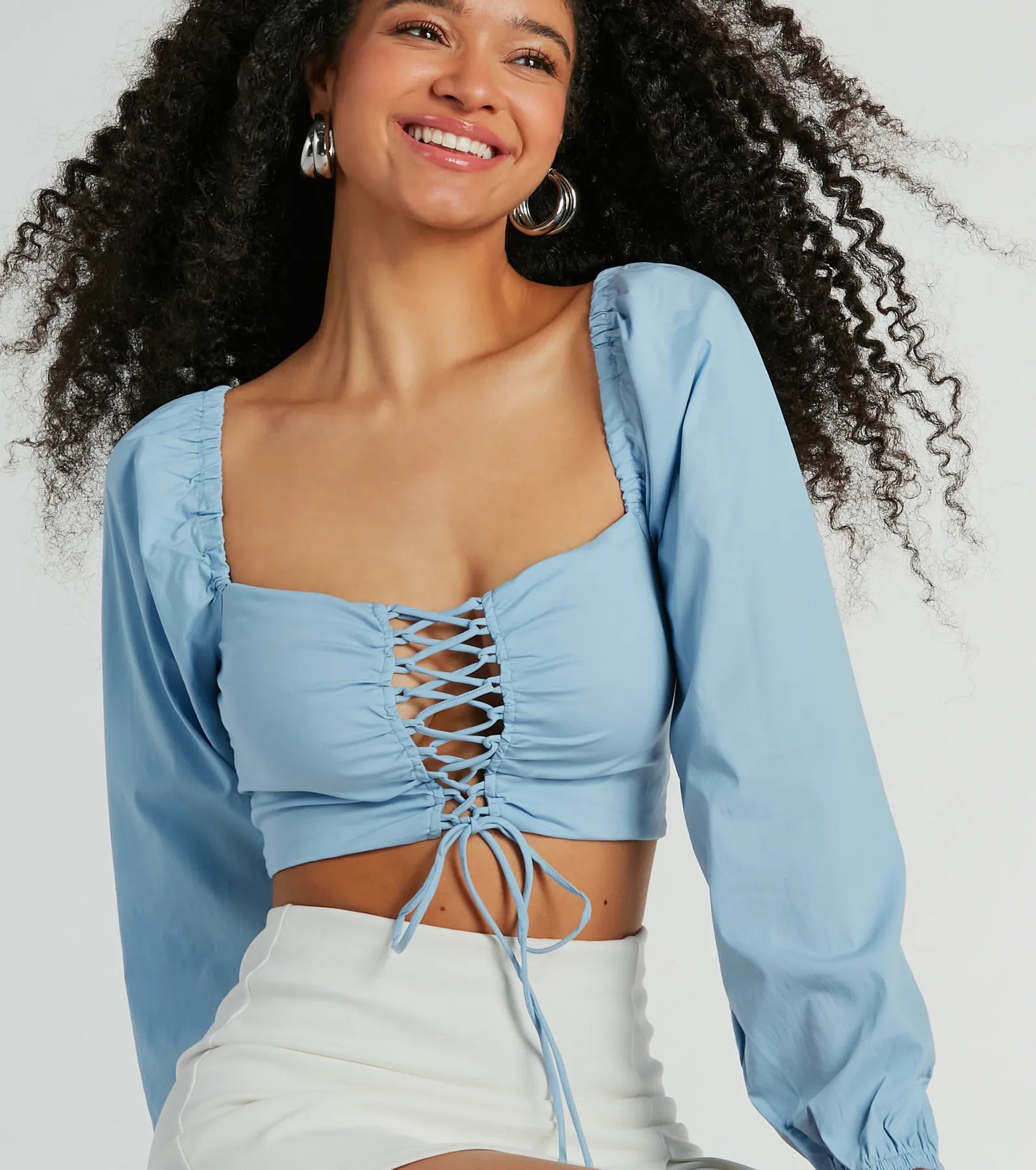 Laced-Up Babe Long Sleeve Crop Blouse