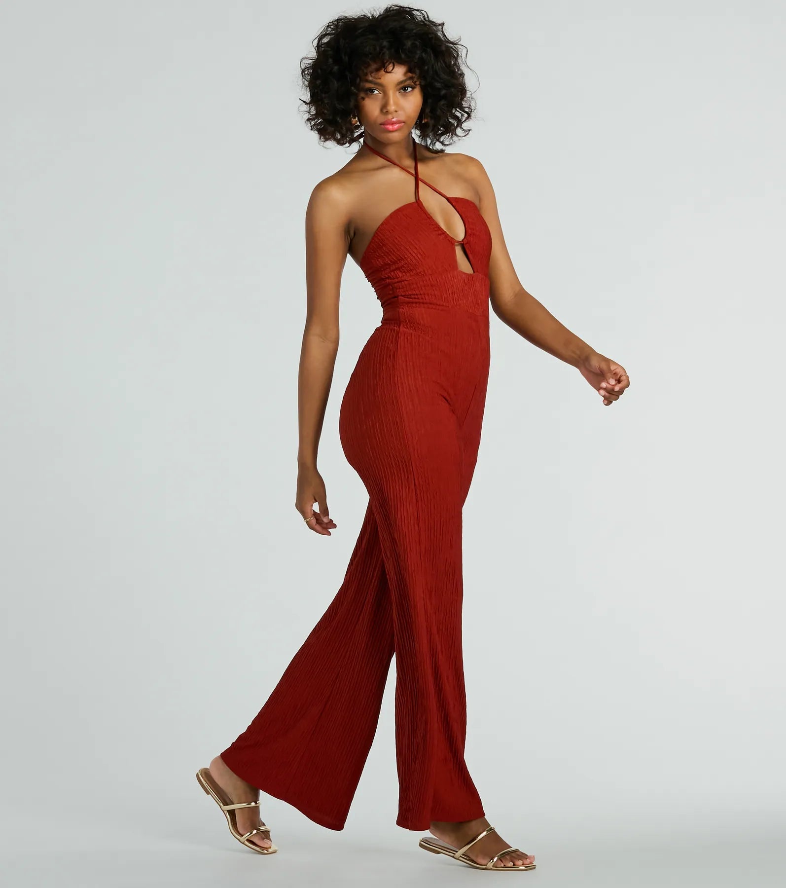 Sunny Energy Halter Cut Out Wide Leg Jumpsuit