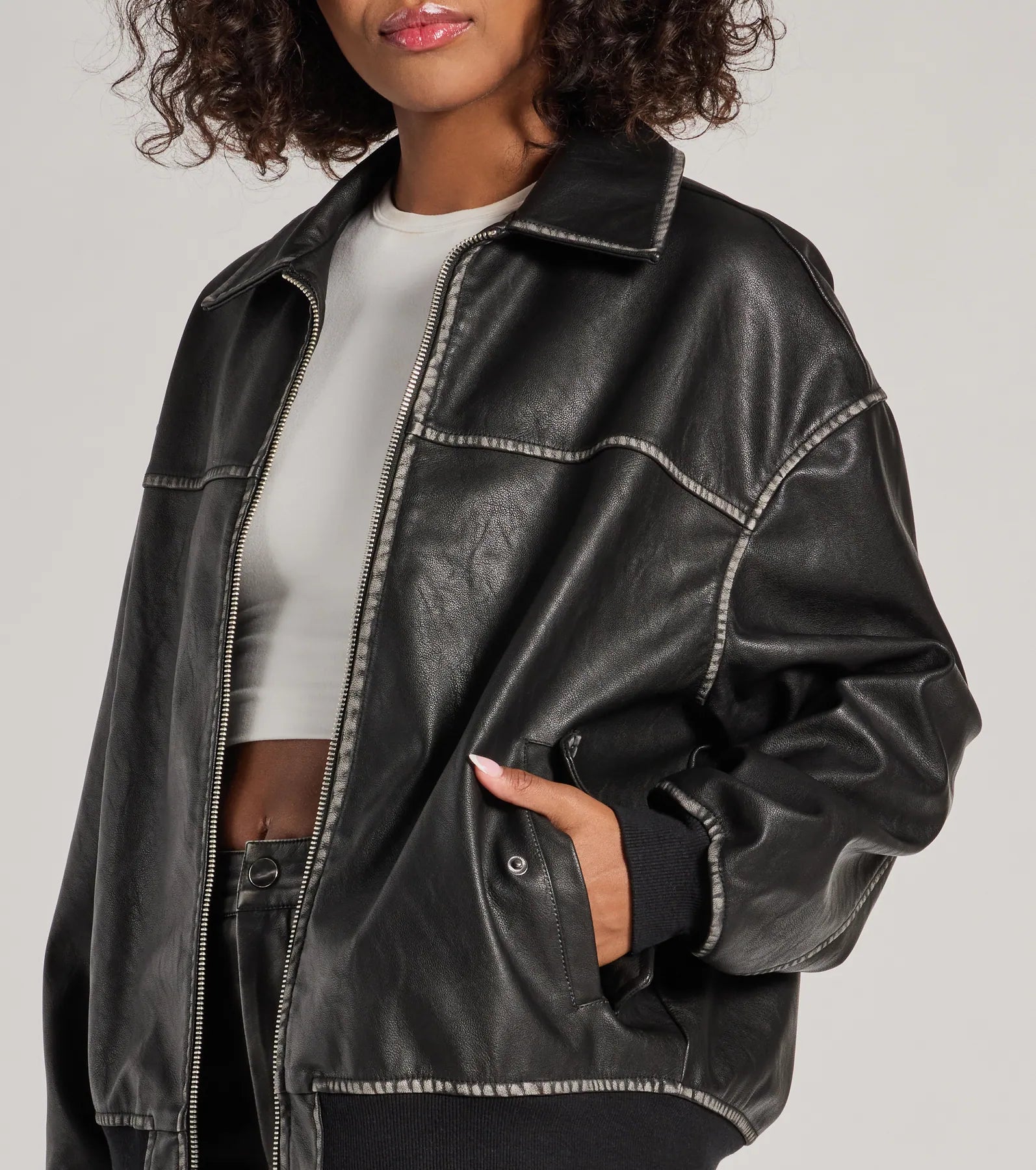 Vintage Chic Faux Leather Oversized Bomber Jacket