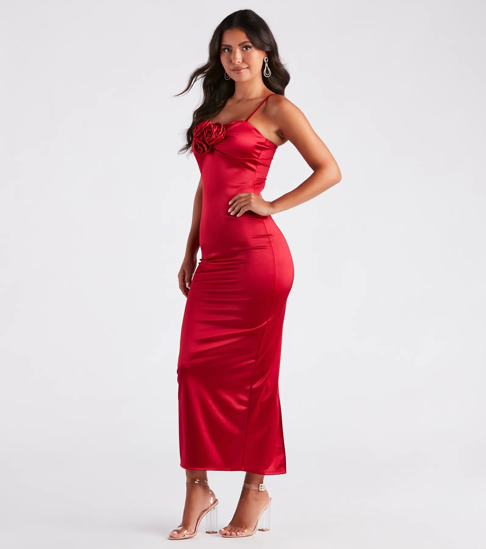 Leia Rosette Applique Long Satin Formal Dress