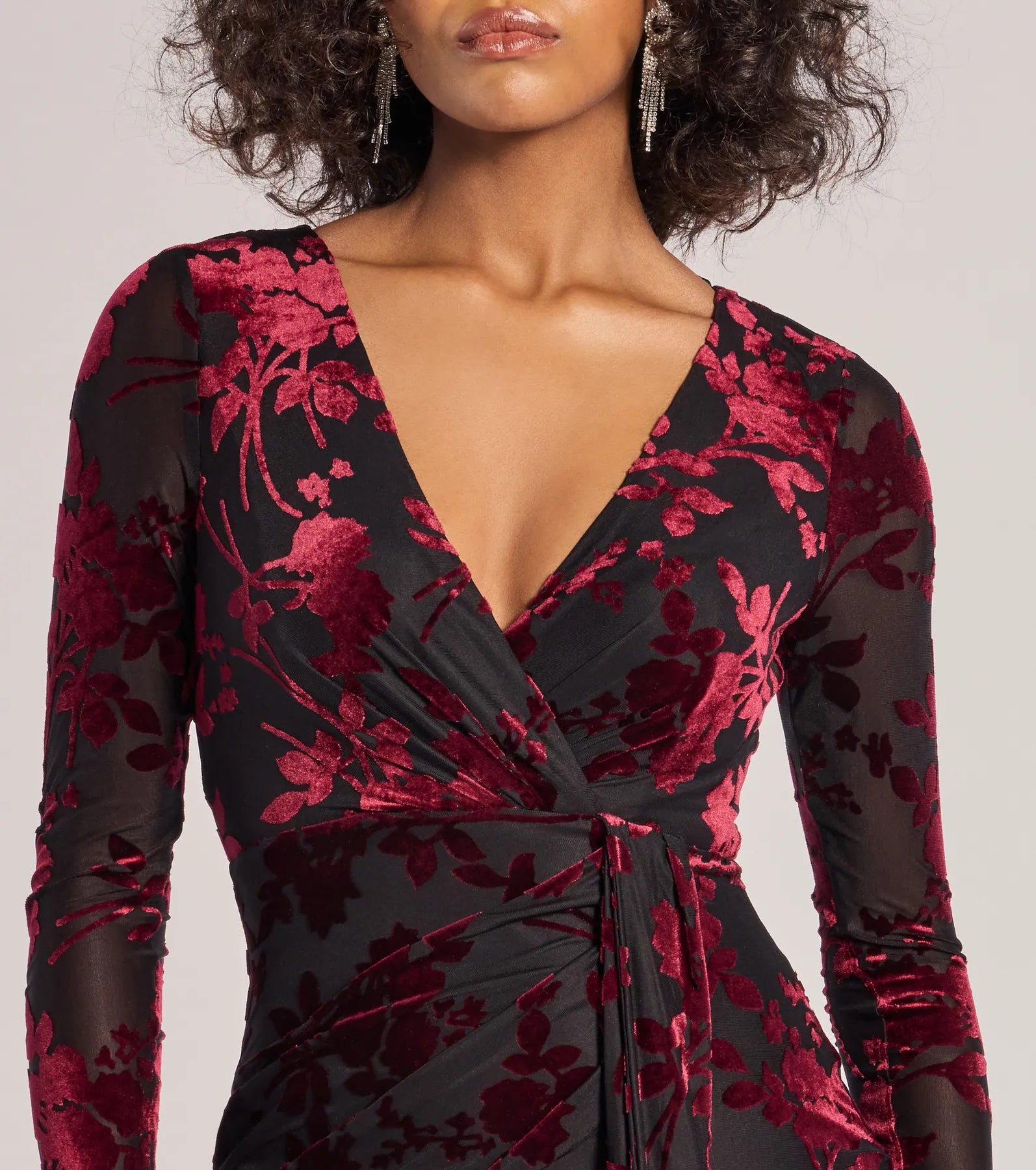 Vision In Velvet Pattern V-Neck Tie Mini Dress