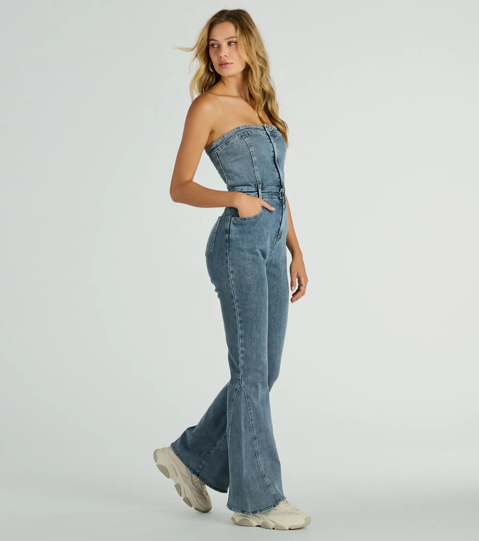 Flirty Retro Strapless Flare Denim Jumpsuit