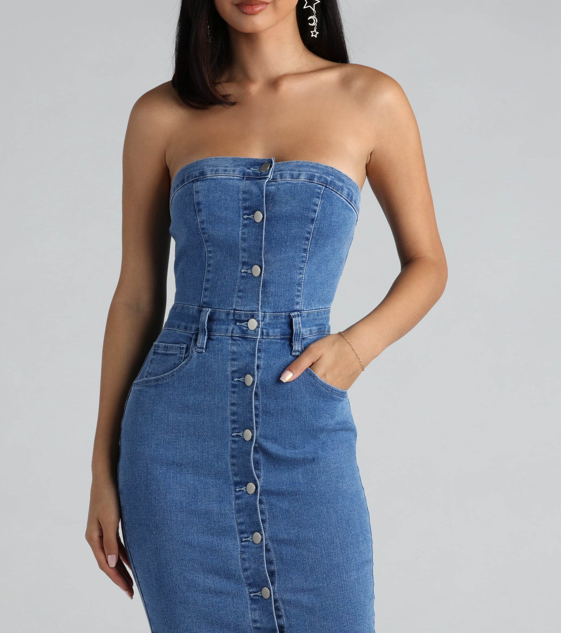 On The Down Low Denim Strapless Midi Dress