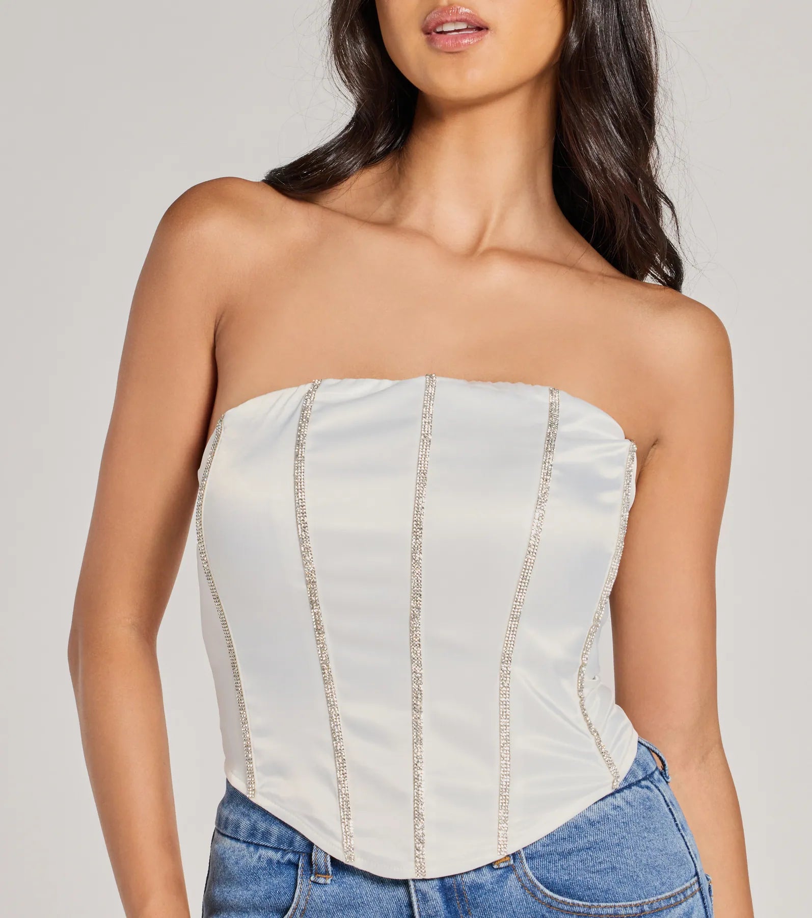 Glitz It Up Rhinestone Trim Satin Strapless Corset Top