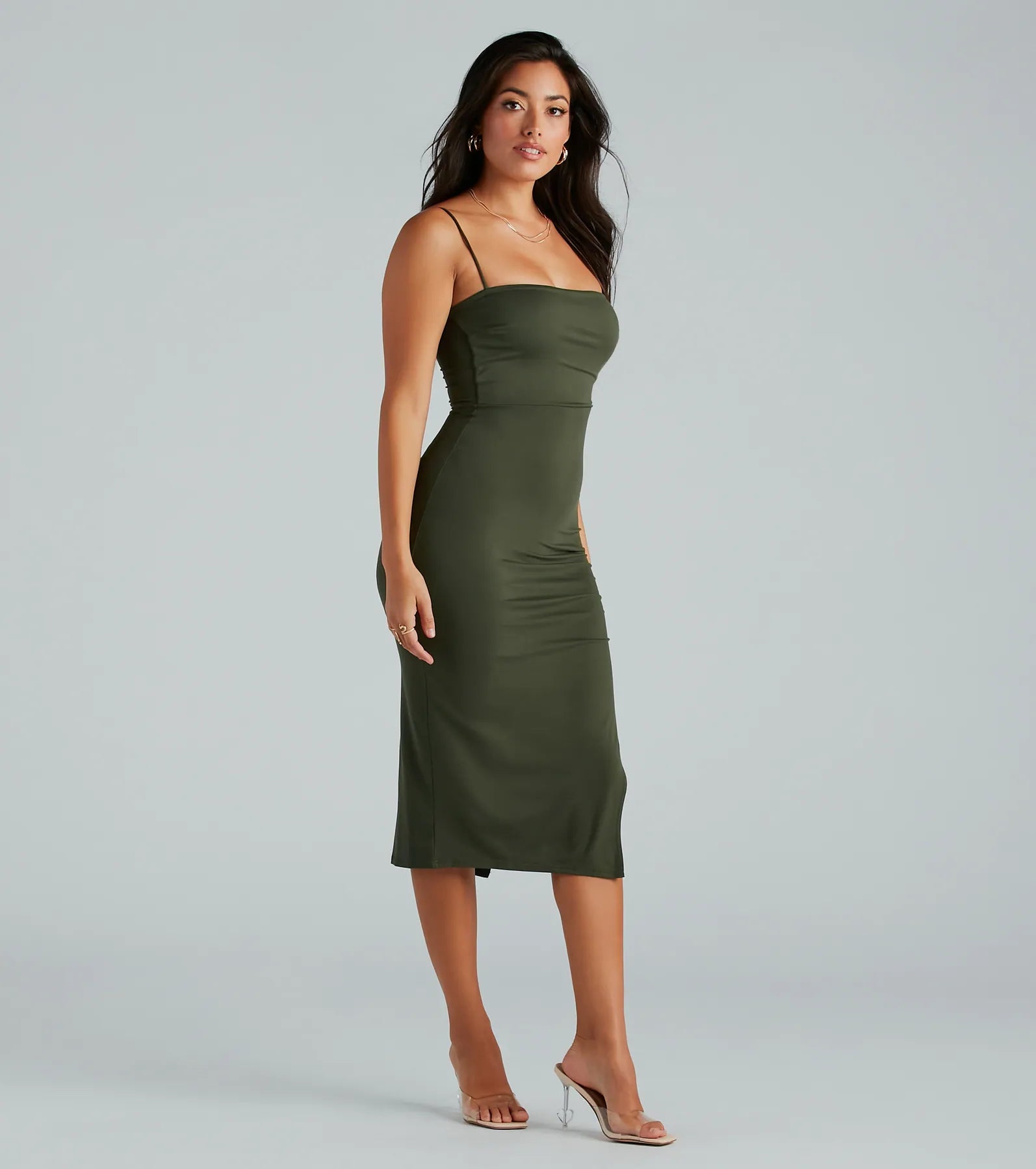 Make It Cute Sleeveless Ruched Slit Midi Dress