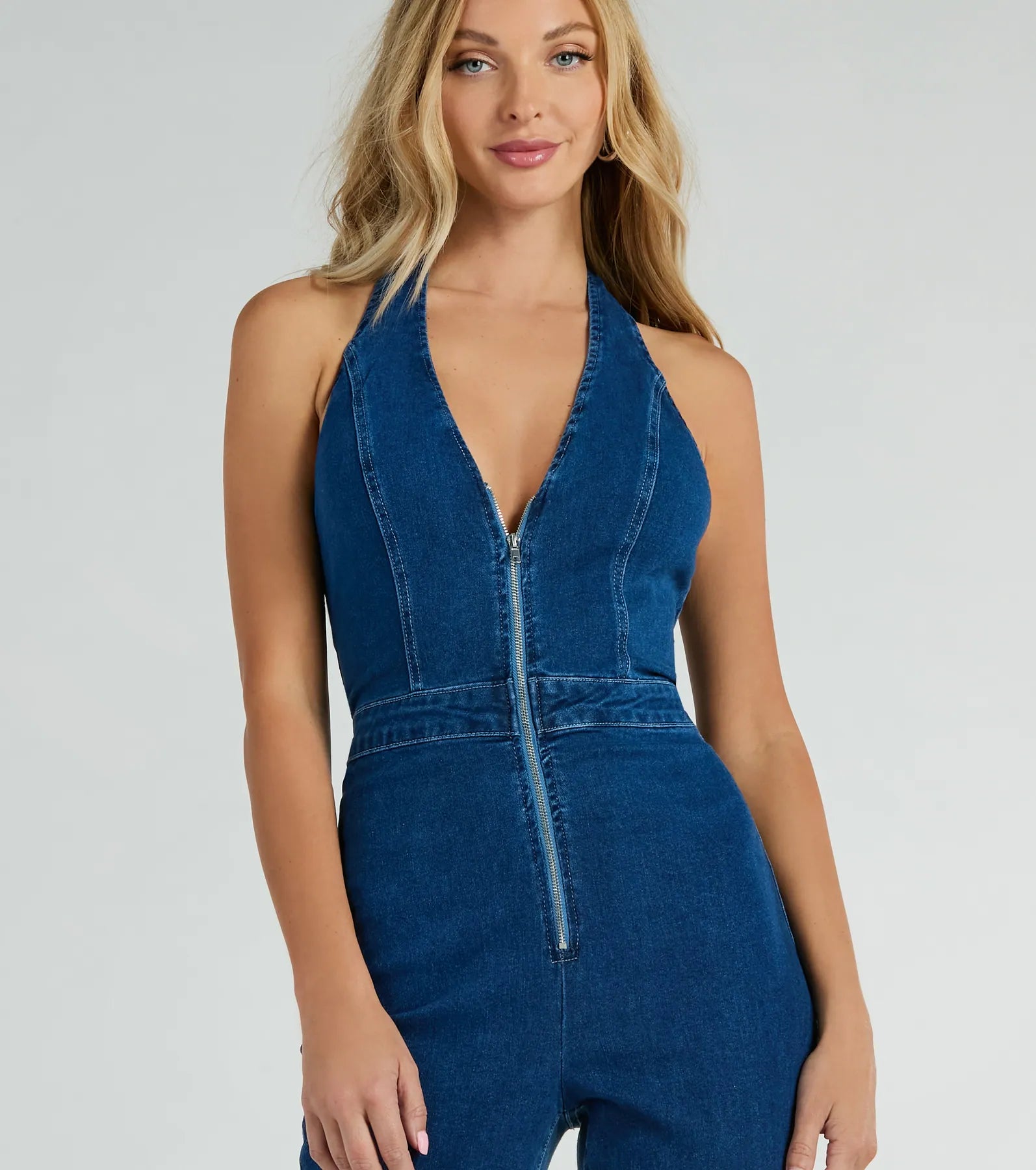 Coolest In Town Halter Zip-Up Flare Denim Jumpsuit