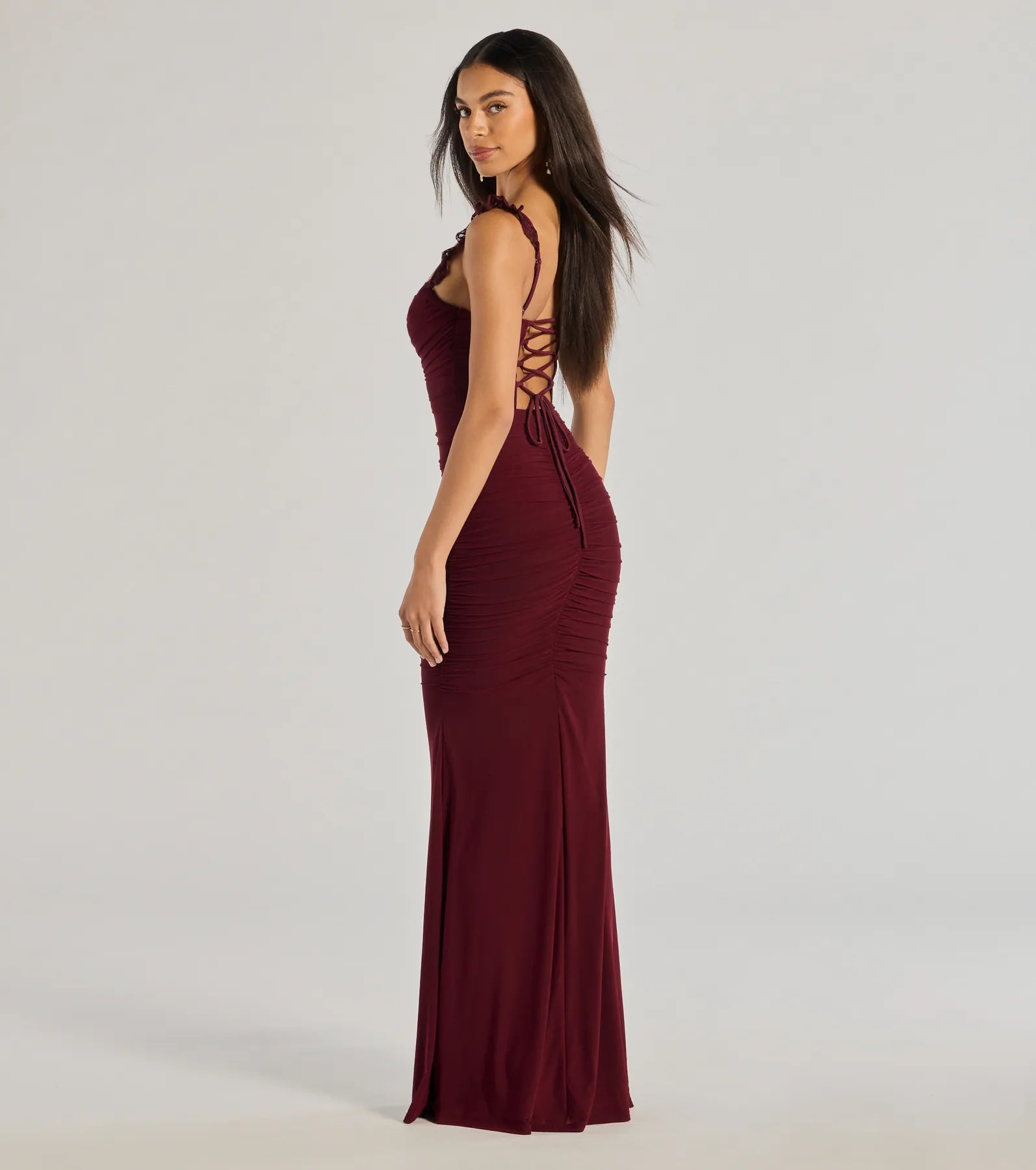 Morgana Lace-Up Ruched Mermaid Dress