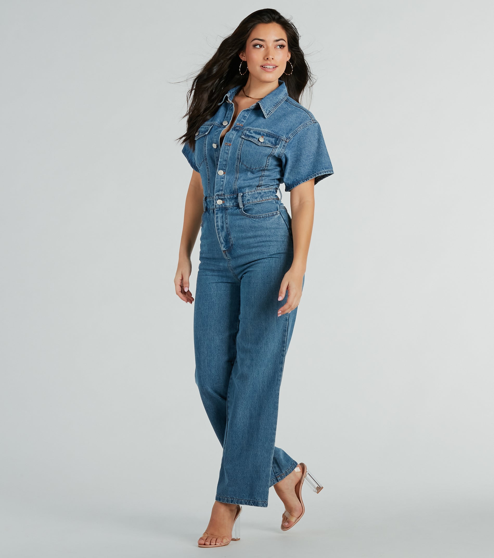 One And Done Short Sleeve Wide-Leg Denim Jumpsuit