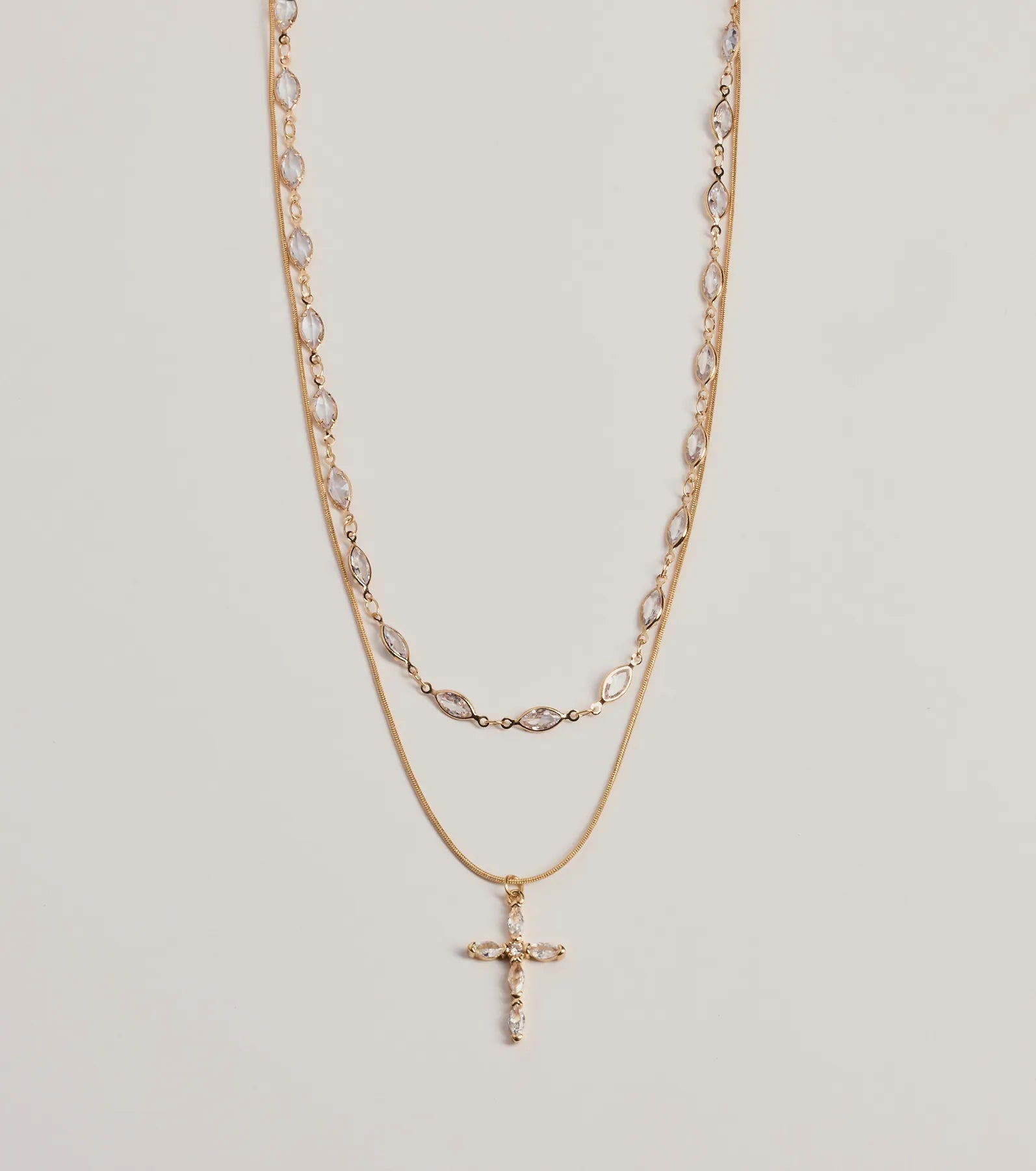 Graceful Shine Layered Cross Charm Rhinestone Necklace