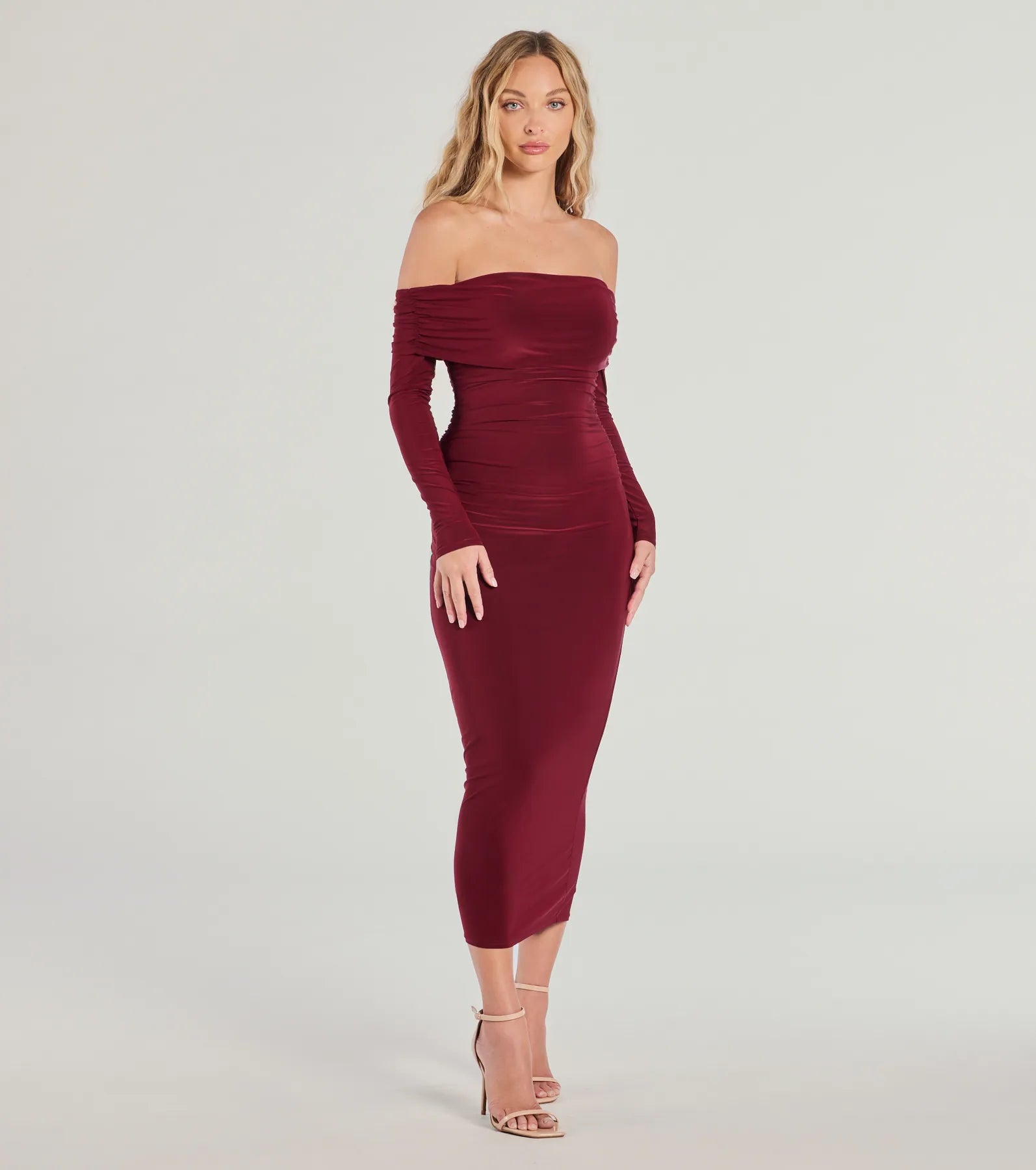 Casual Affair Long Sleeve Ruched Midi Dress