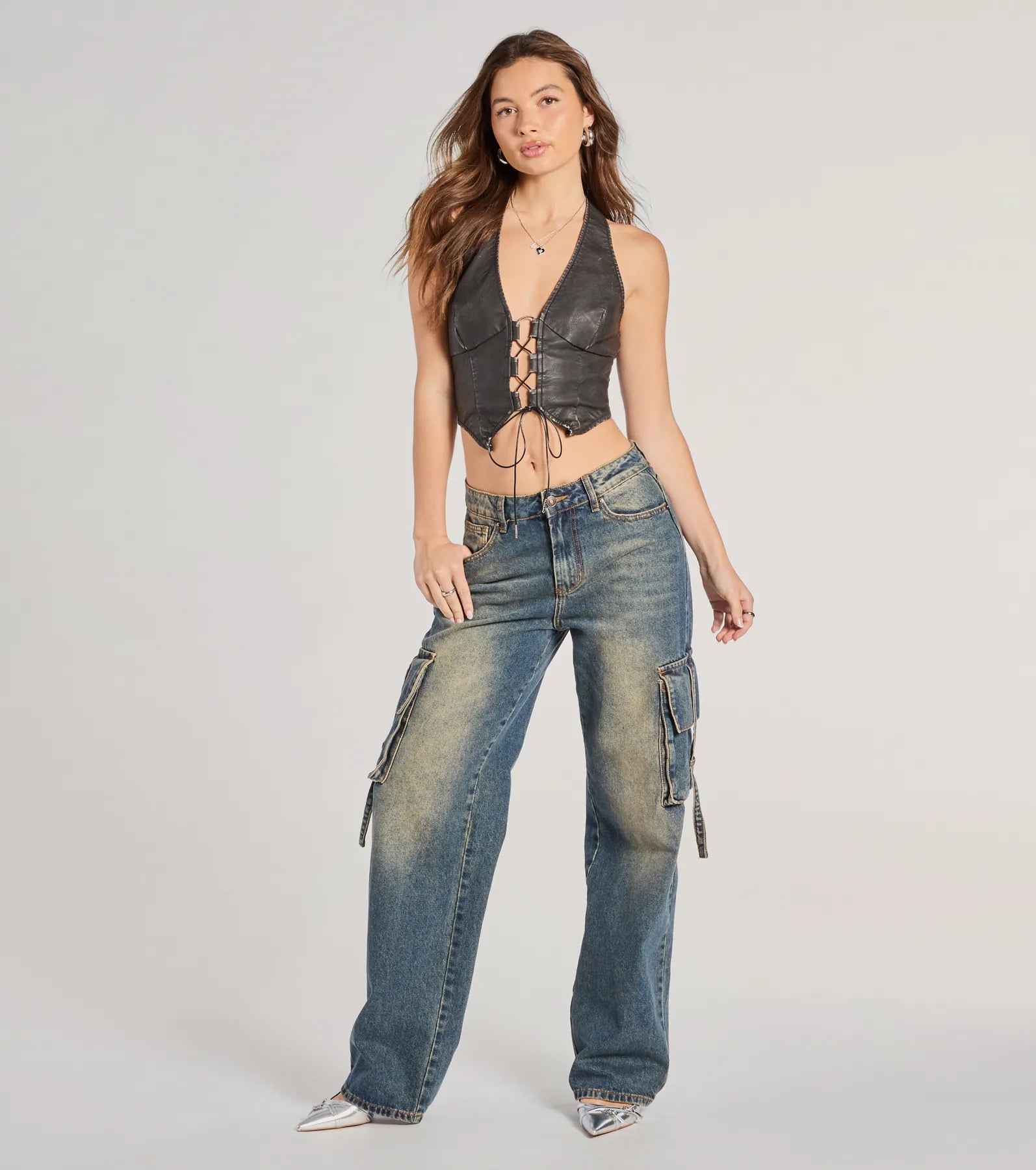 Lace Me Up Faux Leather Halter Crop Top