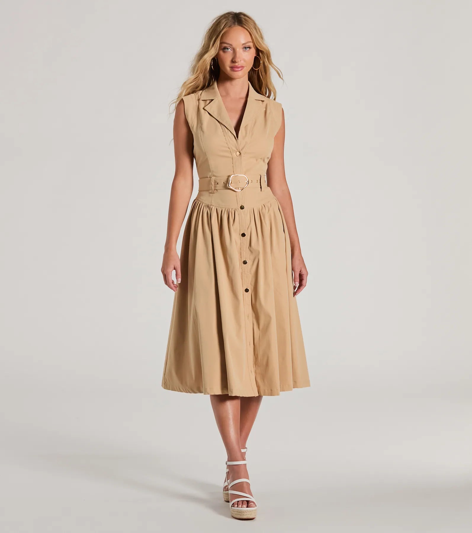 Pleasant Cutie Collared V-Neck Belted Midi Dress