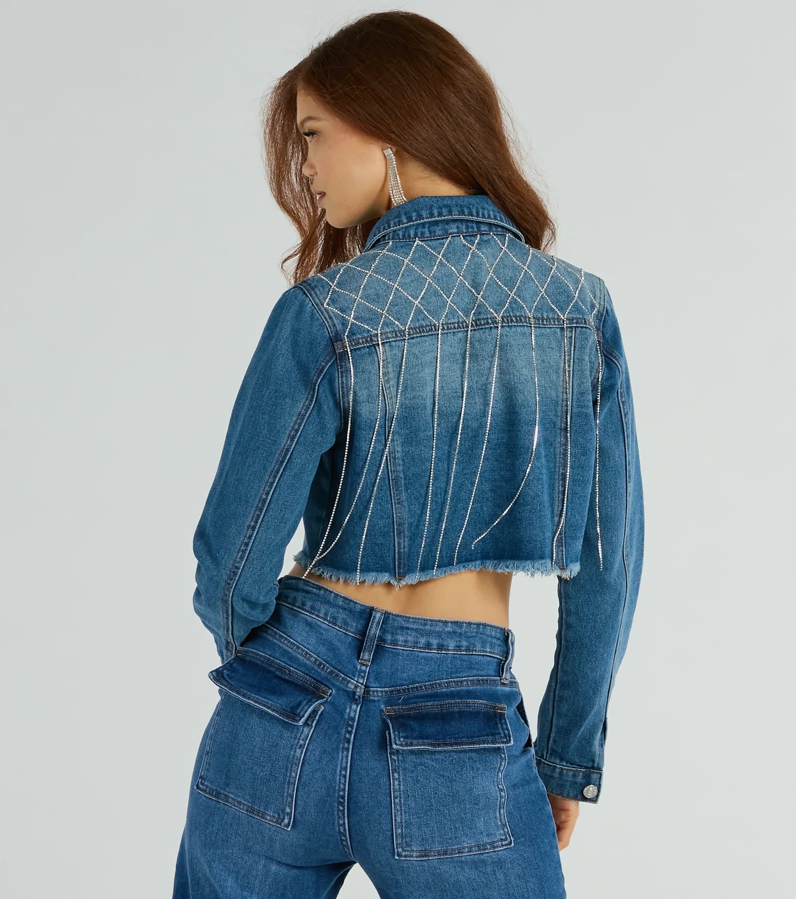 Trendy Glam Rhinestone Fringe Cropped Denim Jacket