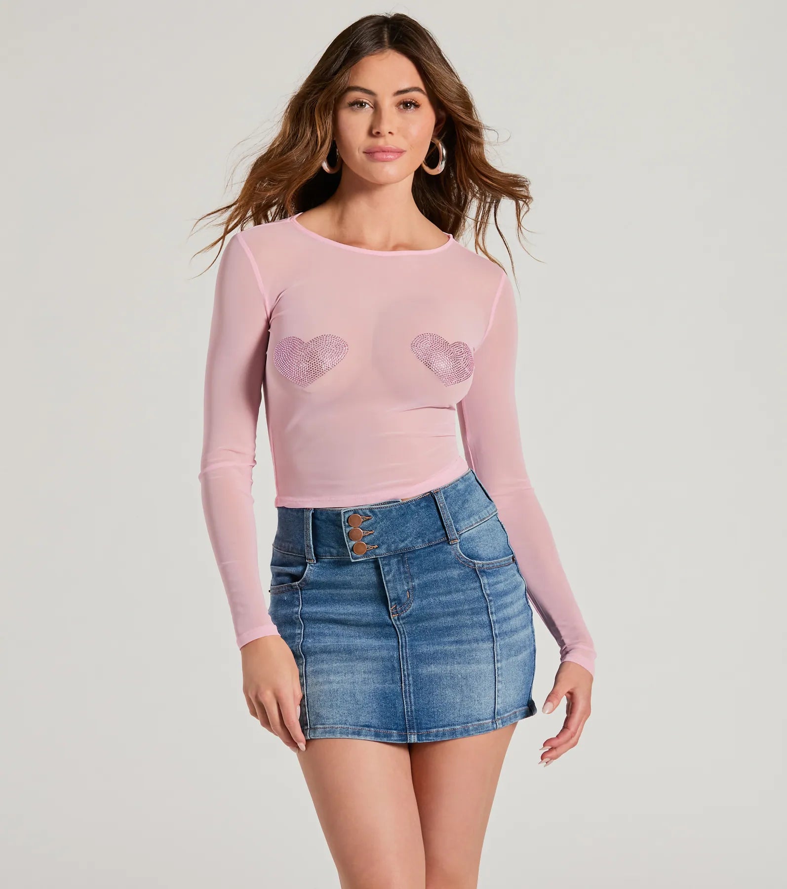 Flirt Alert Rhinestone Heart Sheer Mesh Crop Top