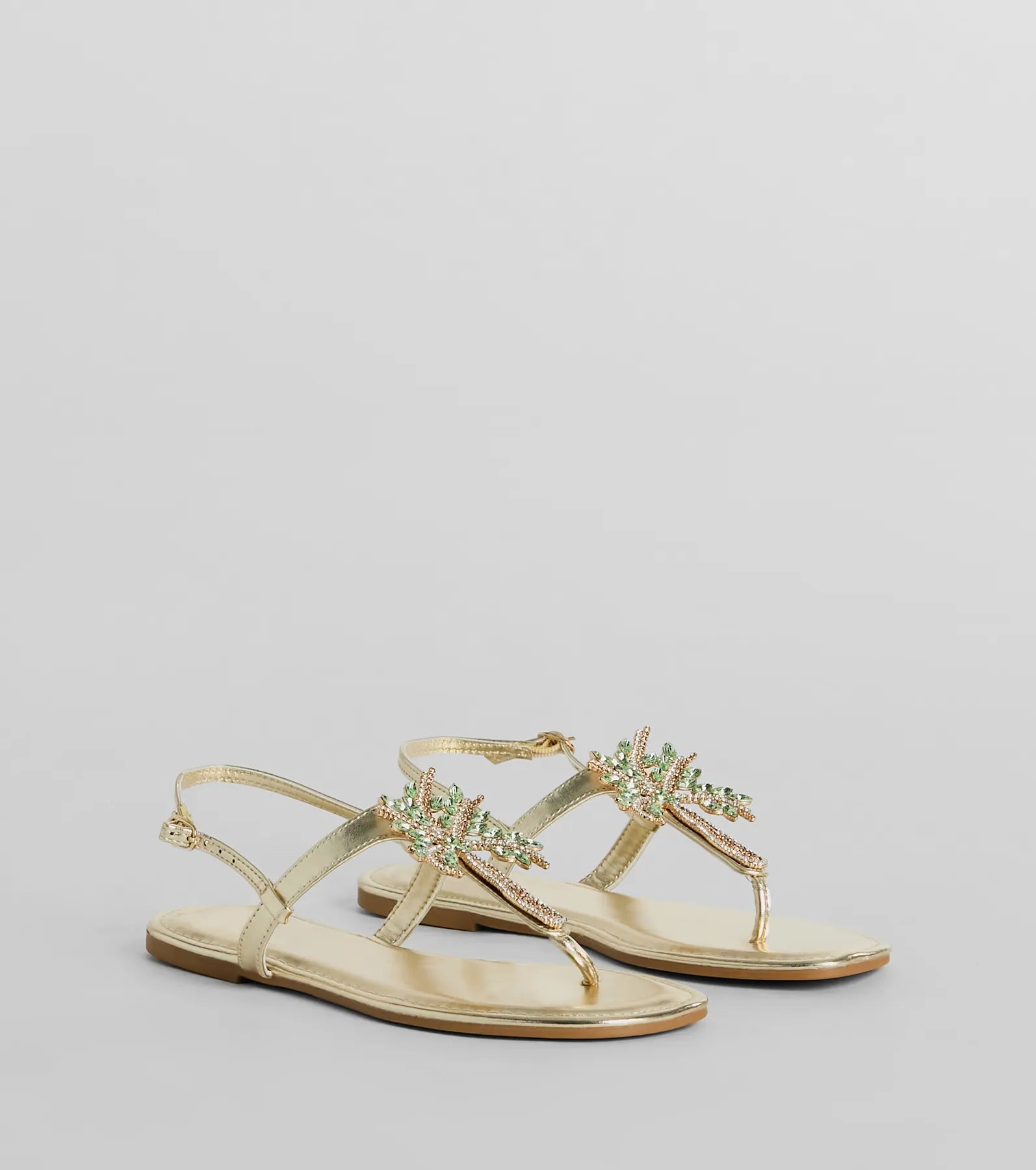 Beachy Glam Rhinestone Palm Tree Metallic Sandals