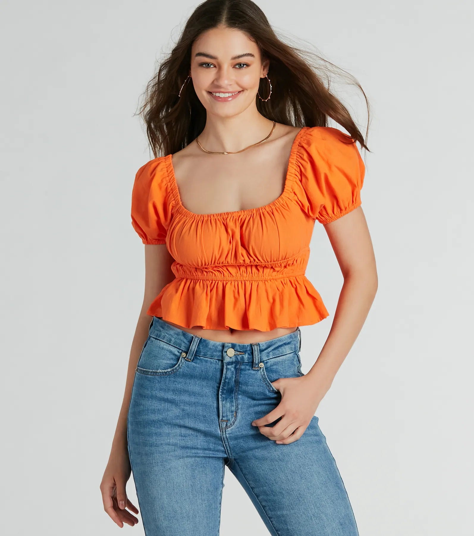 Adoring Looks Puff Sleeve Lace-Up Peplum Crop Top