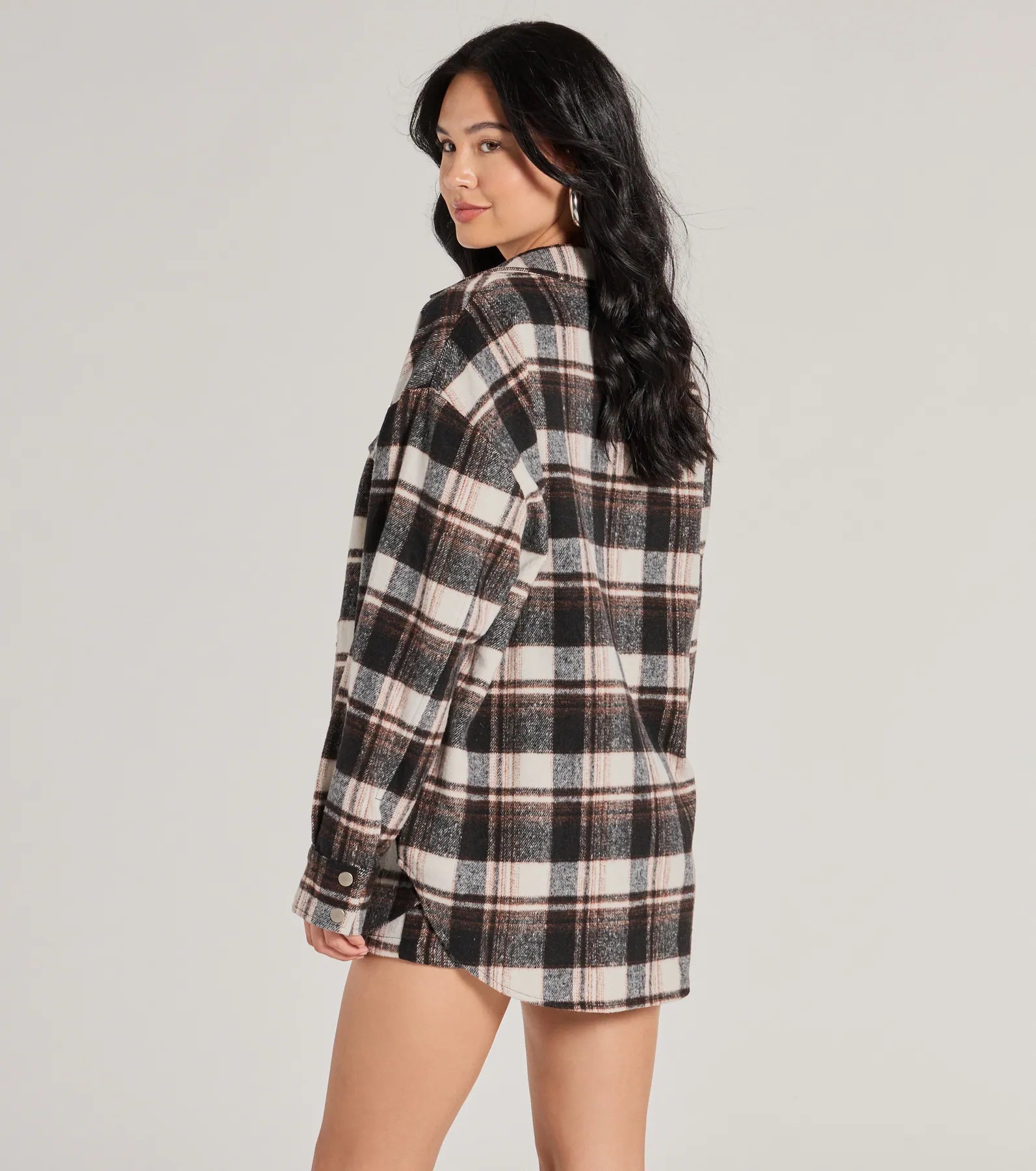 Classically Chic Plaid Long Sleeve Oversized Shacket