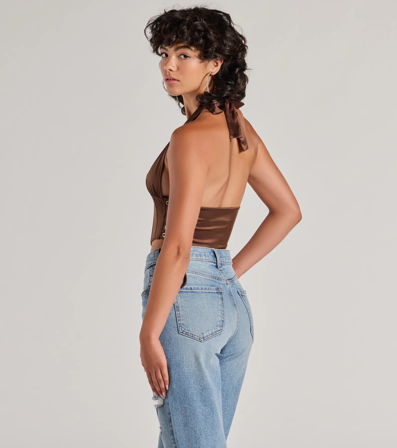 Edgy Luxe Satin Halter Cropped Corset Top