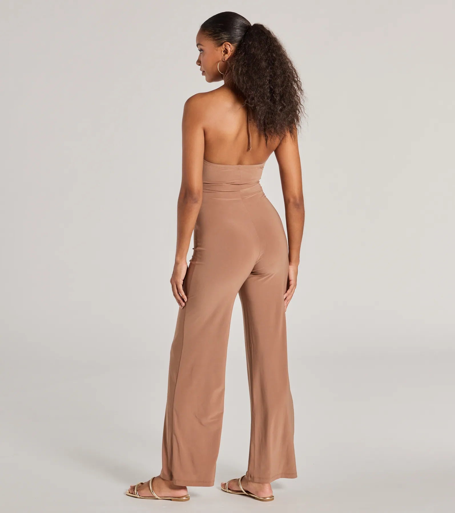 Enticing Sass Halter Cutout Wide-Leg Jumpsuit