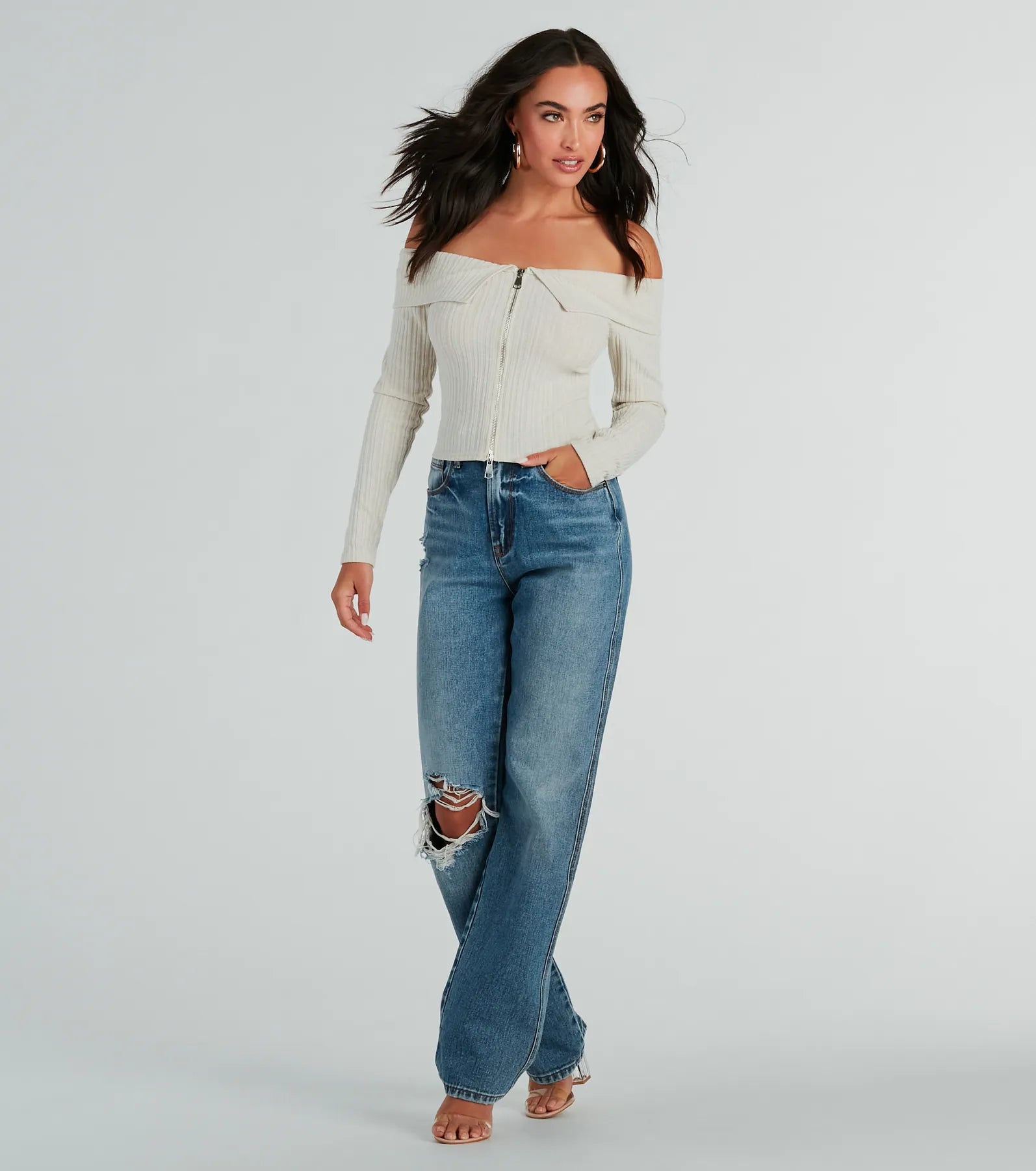 Cutely Charming Off-The-Shoulder Zipper Top