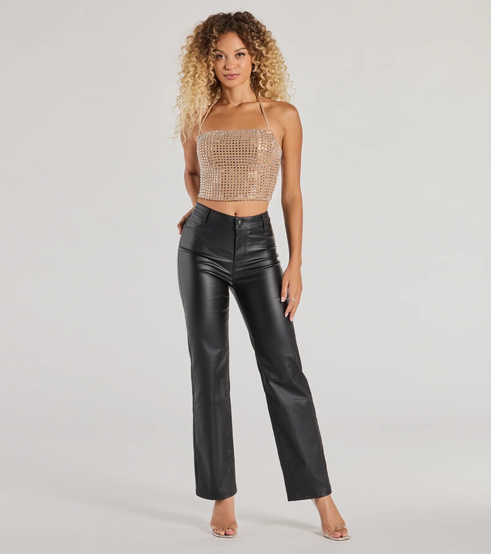 Party Mood Rhinestone Mesh Crop Top