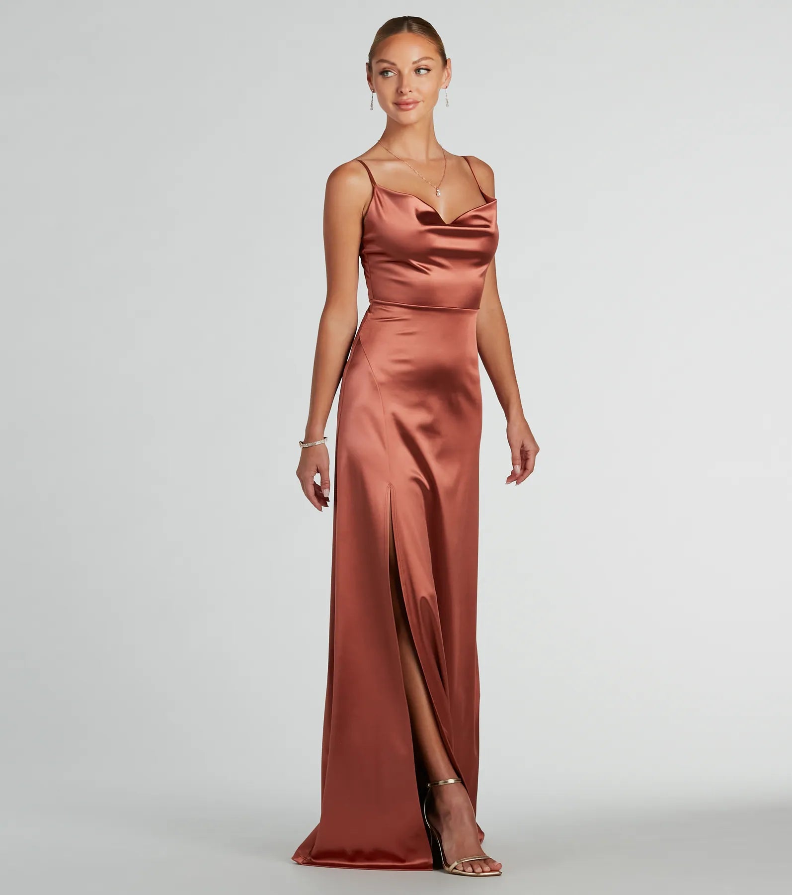 Ellie Cowl Neck A-Line Long Satin Formal Dress