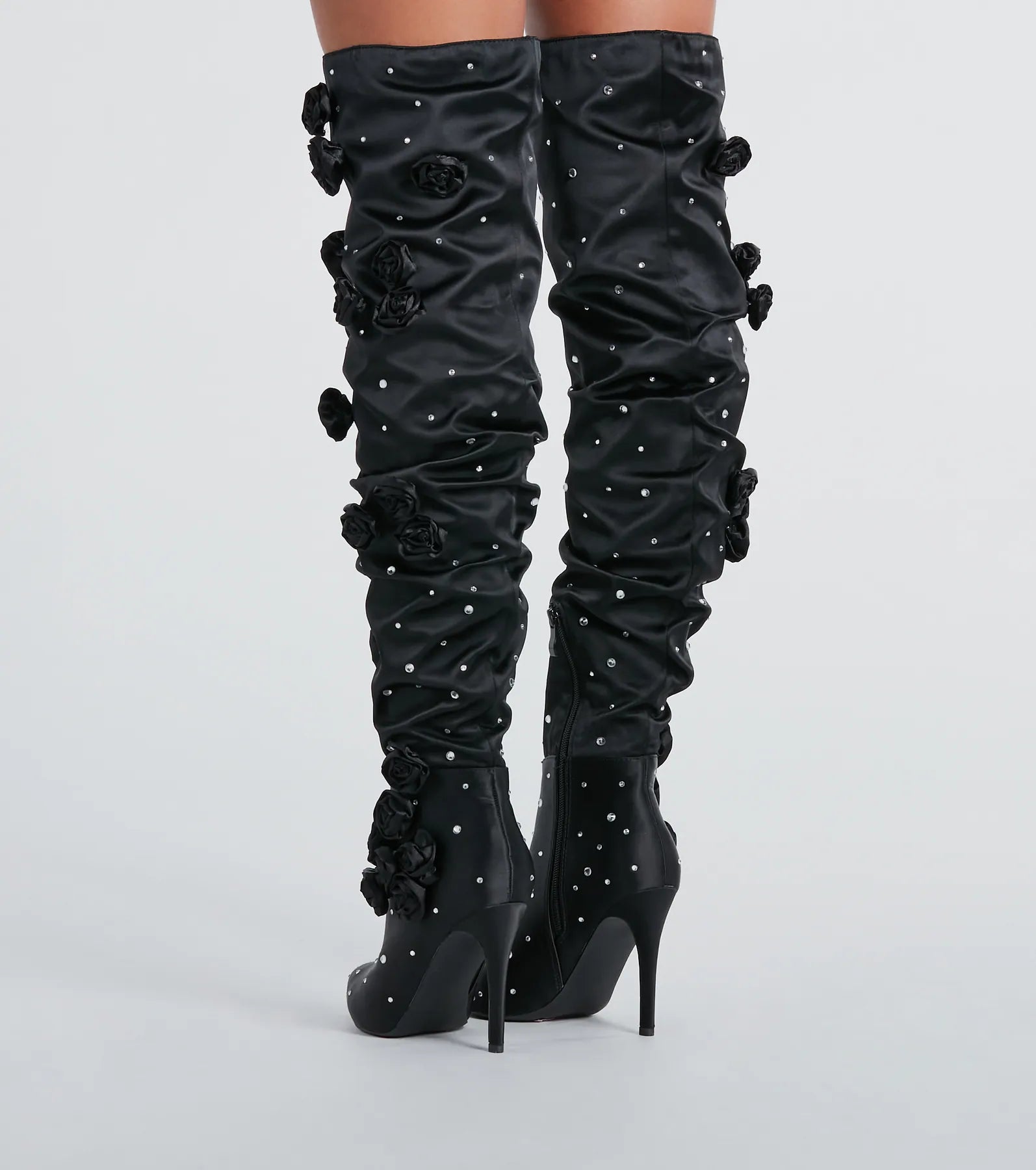 Dramatic Blooms Rosette Rhinestone Thigh-High Boots