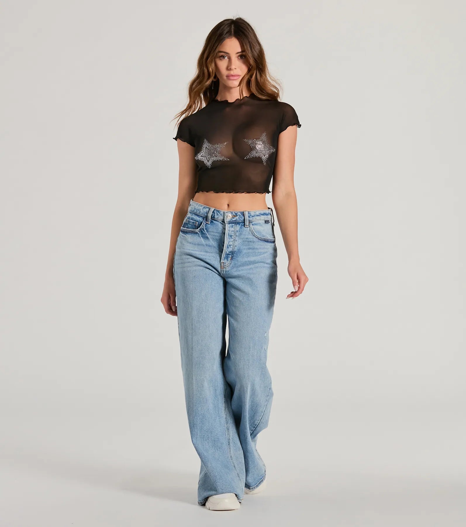 Born Star Rhinestone Sheer Mesh Crop Top