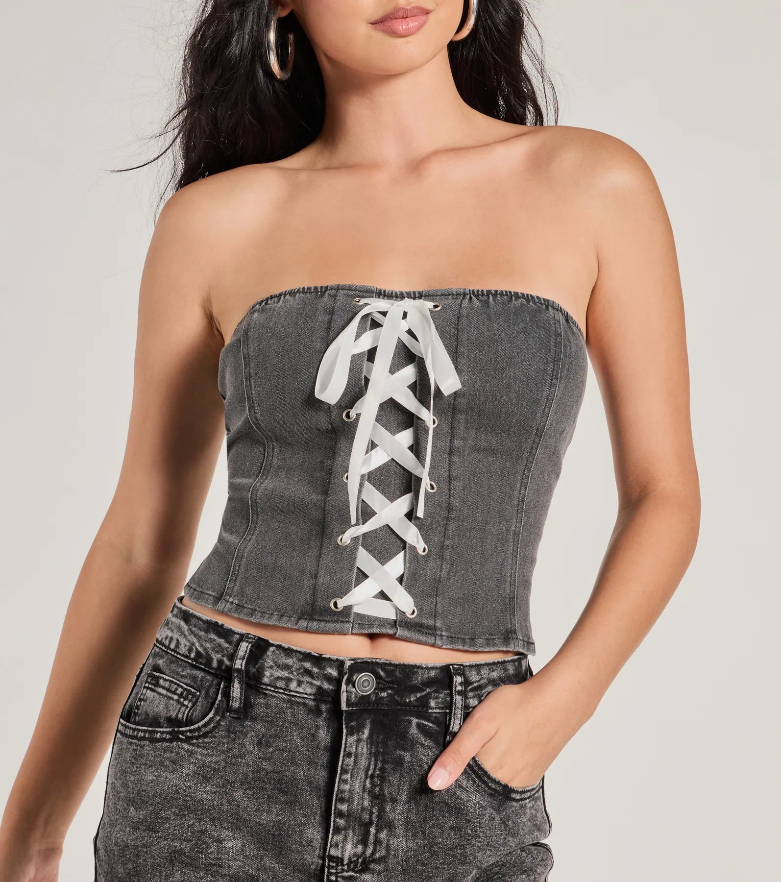 Impressed Much Strapless Lace-Up Denim Crop Top