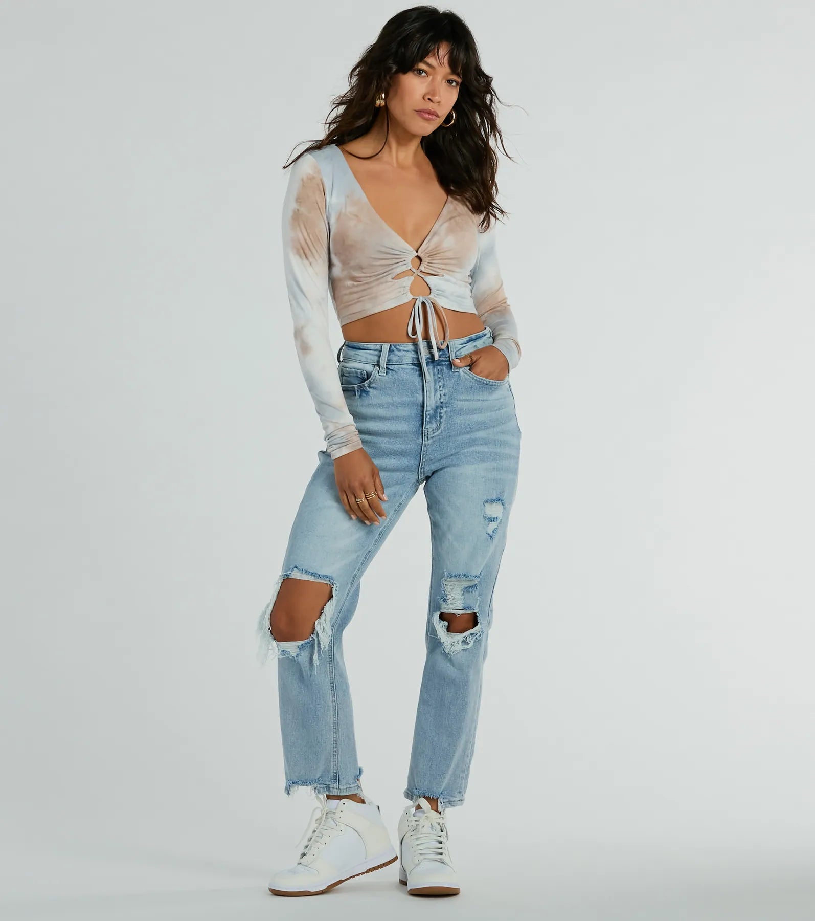 Tie Dye Cutie Lace-Up Long Sleeve Crop Top